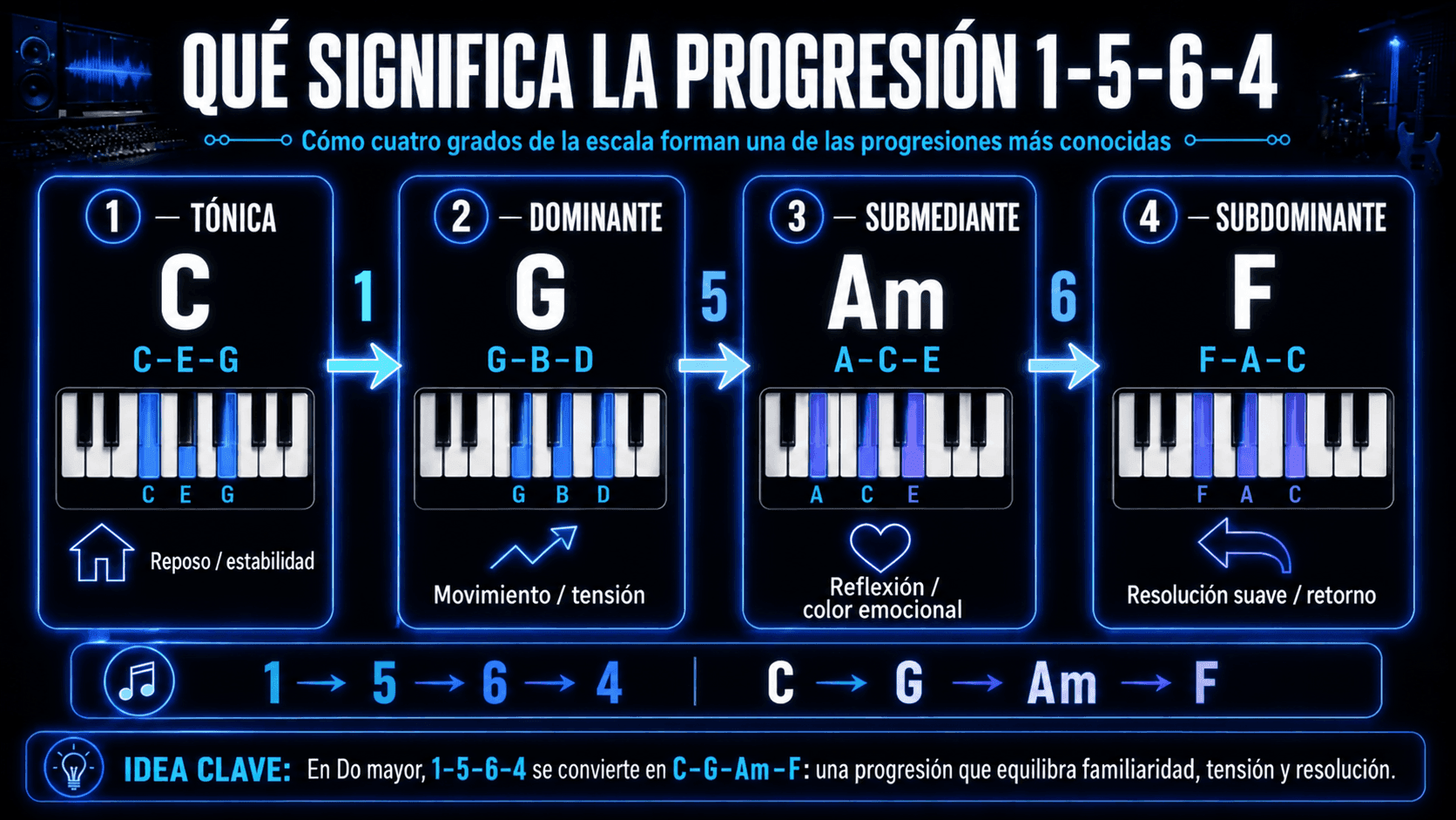 Infografía explicando la progresión 1–5–6–4 en Do mayor con acordes C, G, Am, y F, notas de piano, y funciones armónicas.
