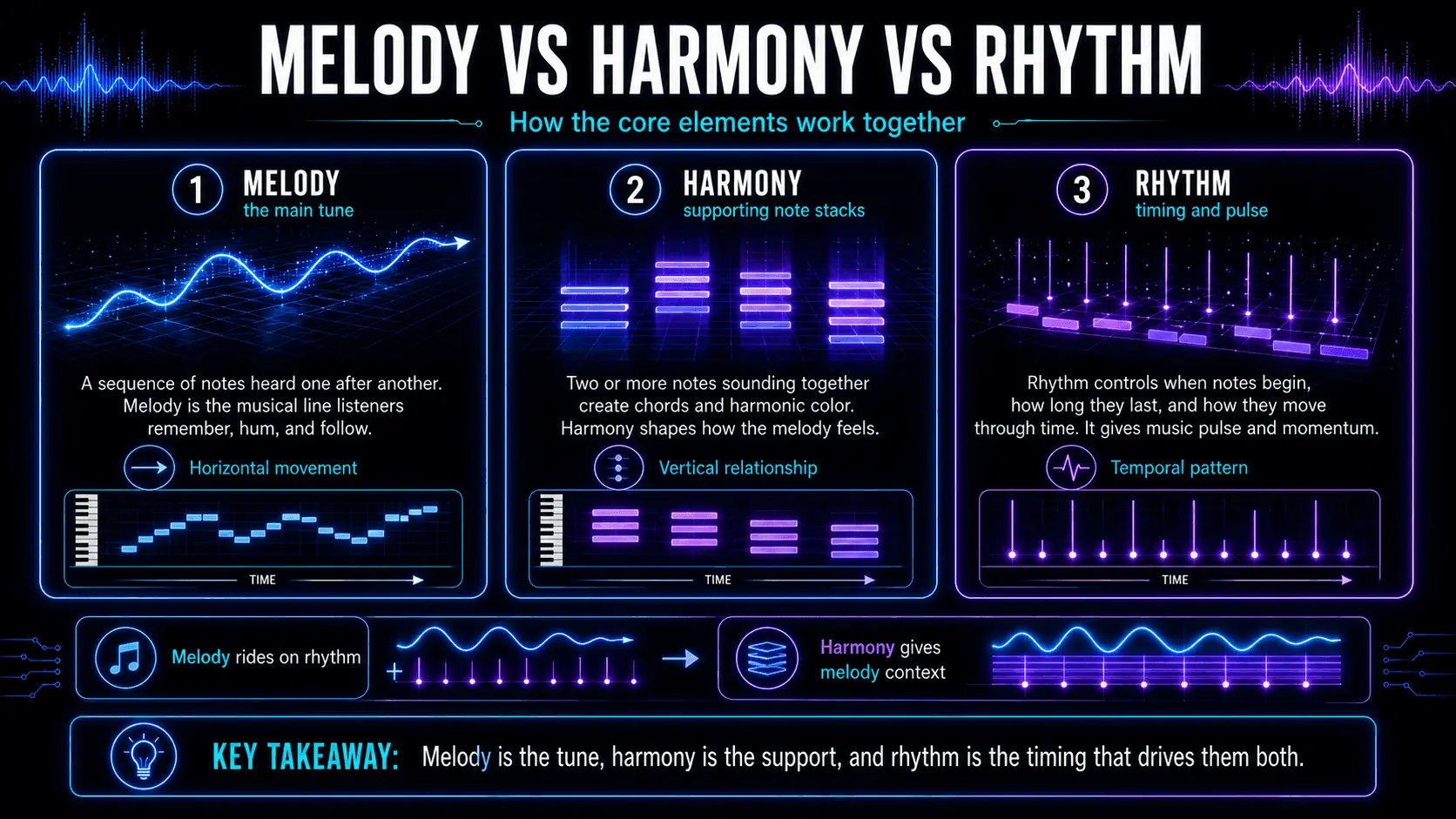 Infographic comparing melody as the main tune, harmony as supporting chords, and rhythm as timing and pulse.