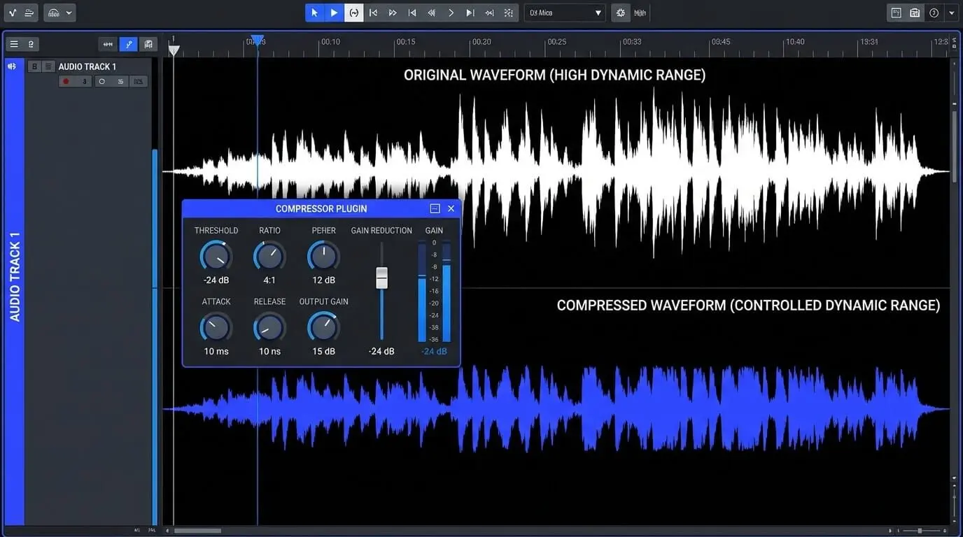 DAW screenshot comparing an original high-dynamic-range waveform with a compressed waveform and compressor plugin settings.