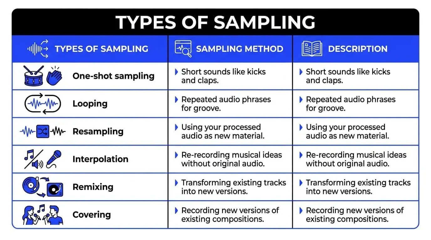 Infographic table showing one-shot sampling, looping, resampling, interpolation, remixing, and covering with short descriptions.