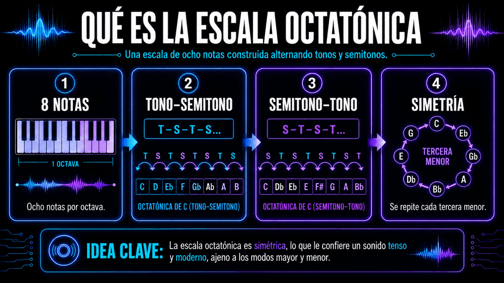 Infografía explicando la escala octatónica de ocho notas, sus formas tono-semitono y semitono-tono, y su simetría repetitiva de tercera menor.
