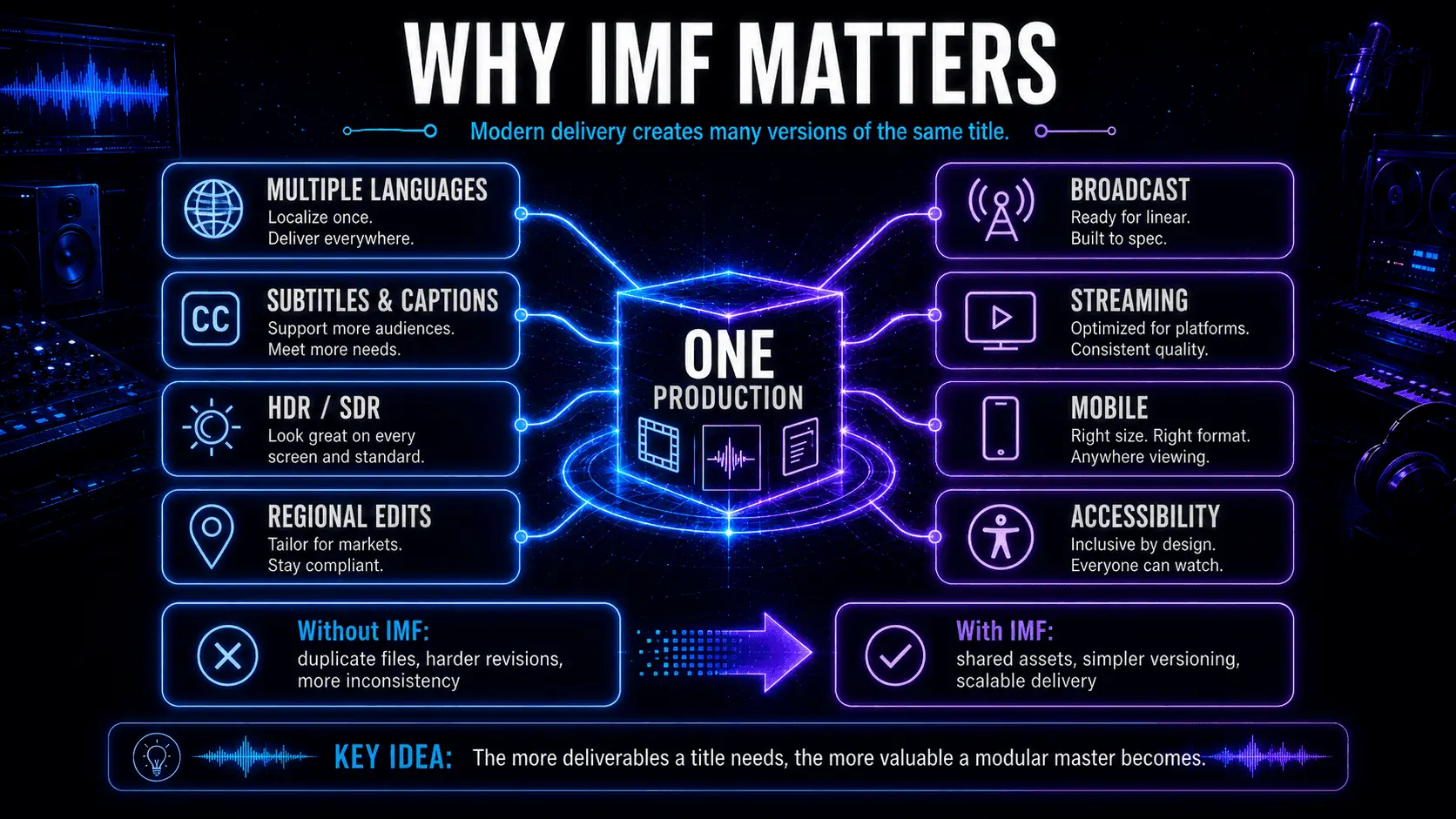 Diagram showing how one IMF production supports languages, subtitles, HDR, broadcast, streaming, mobile, and accessibility