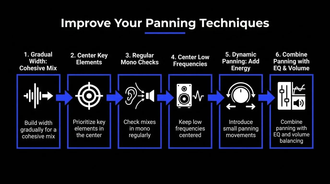 Infographic showing six ways to improve panning techniques, including gradual width, centered key elements, mono checks, centered low frequencies, dynamic panning, and EQ balance.