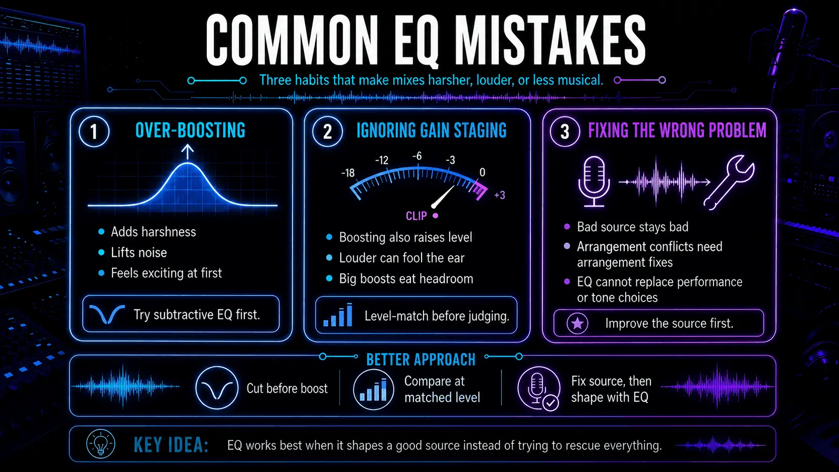 Infographic explaining over-boosting, poor gain staging, and using EQ to fix source or arrangement problems.