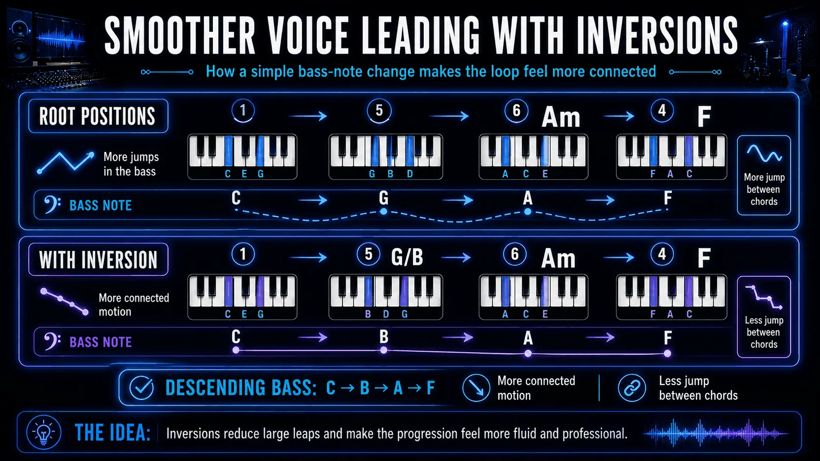Infographic comparing root-position C–G–Am–F with C–G/B–Am–F to demonstrate smoother voice leading and descending bass notes.