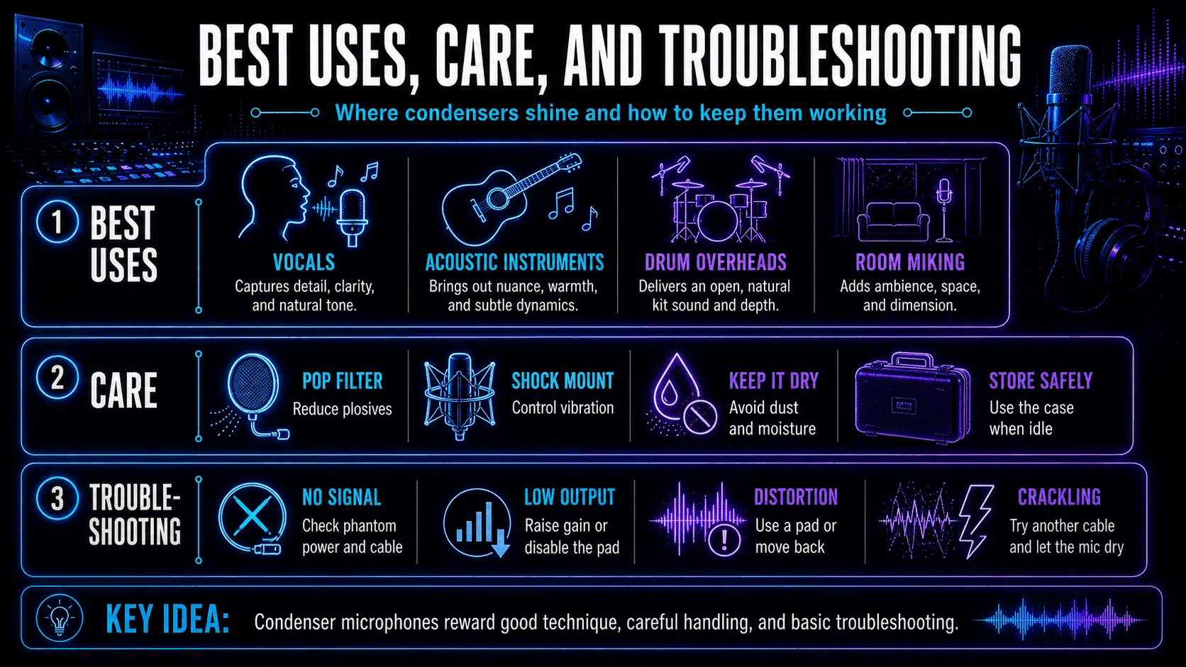 Infographic showing condenser microphone uses, maintenance tips, and solutions for no signal, low output, distortion, and crackling.