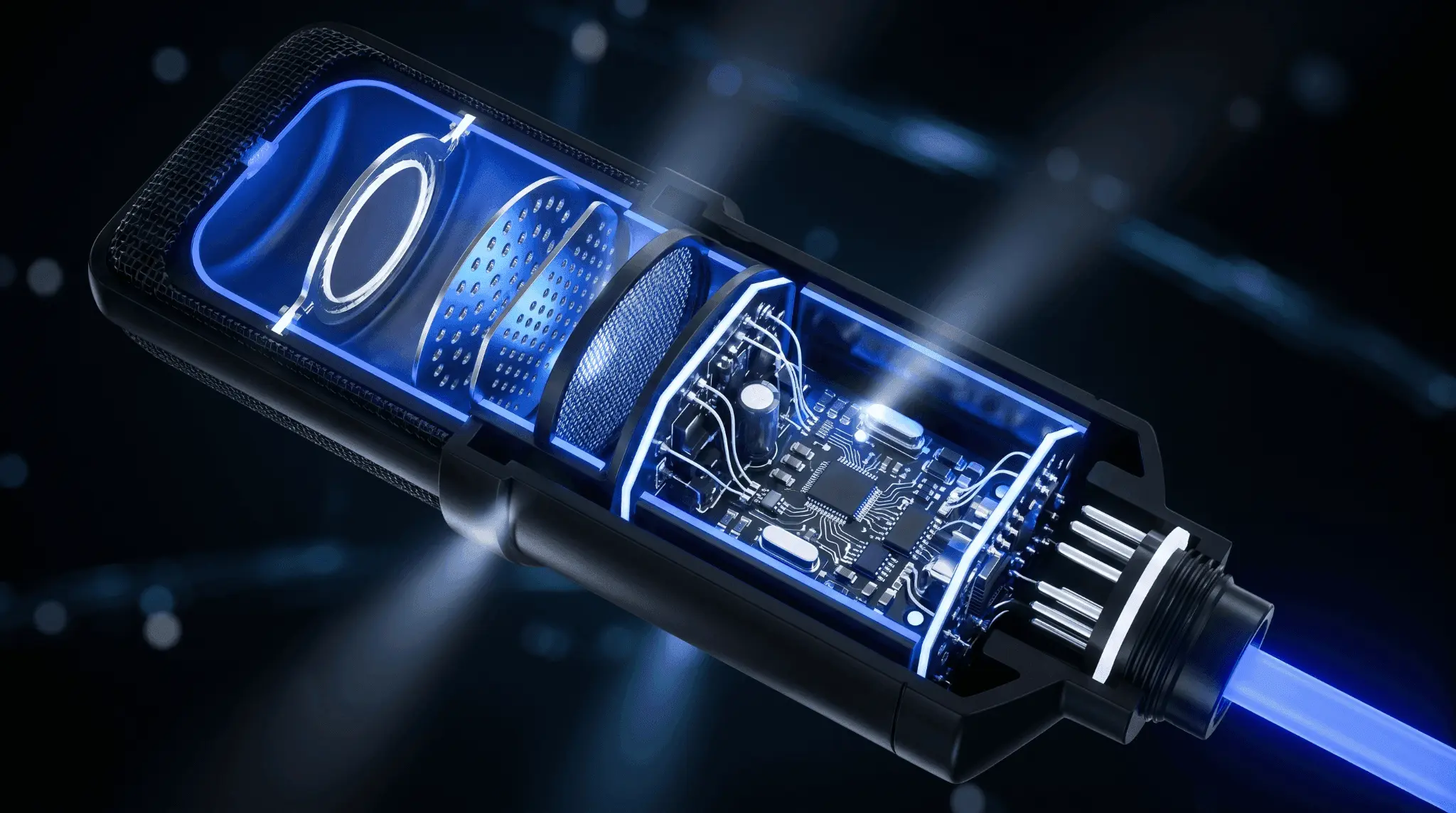 Cutaway view of a condenser microphone showing internal capsule, acoustic chamber, circuit board, and glowing signal path.