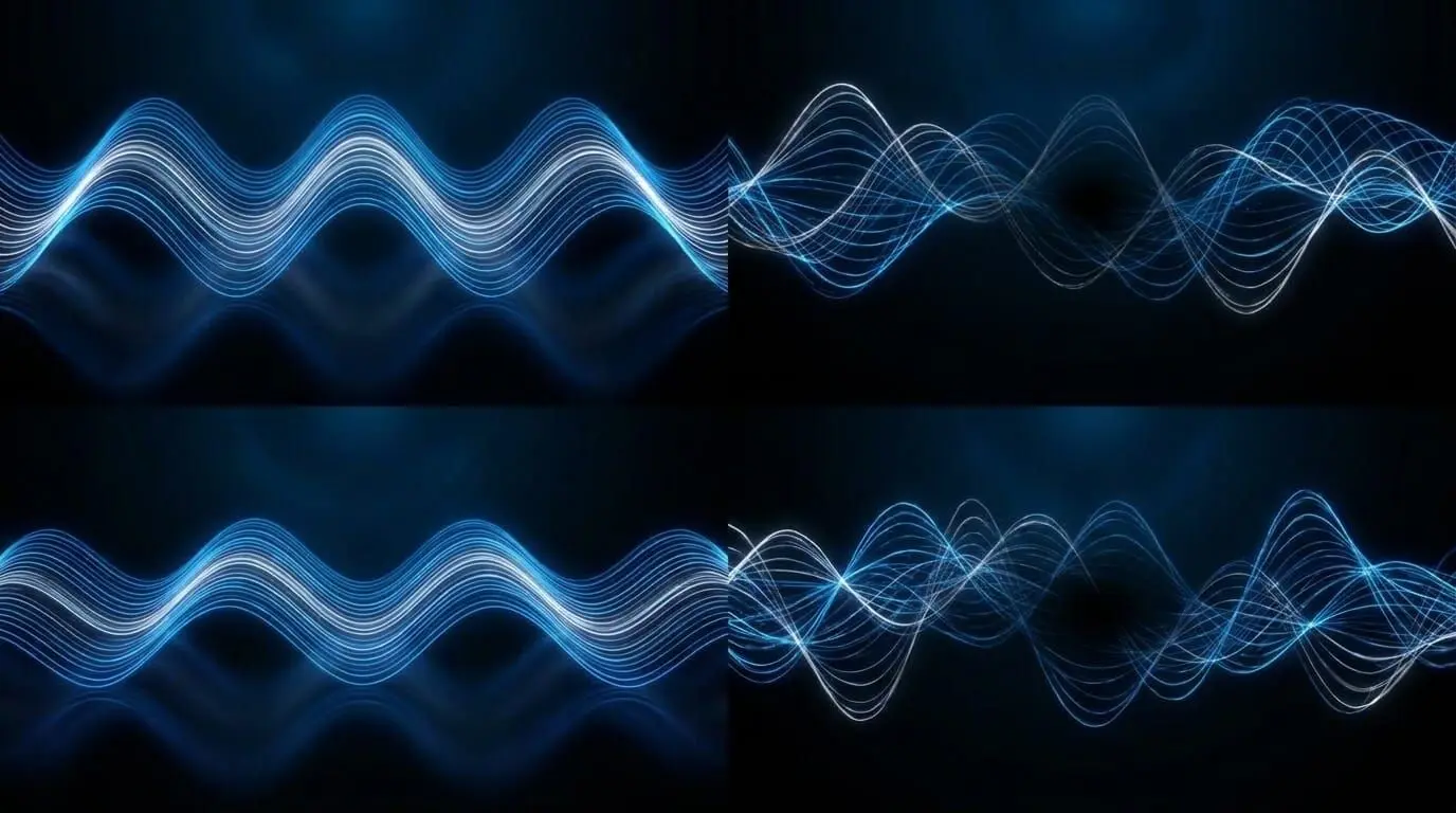 Abstract sound wave infographic comparing smooth aligned waveforms with complex overlapping waveforms that suggest interference, phase shift, and cancellation.hase shift, and cancellation.