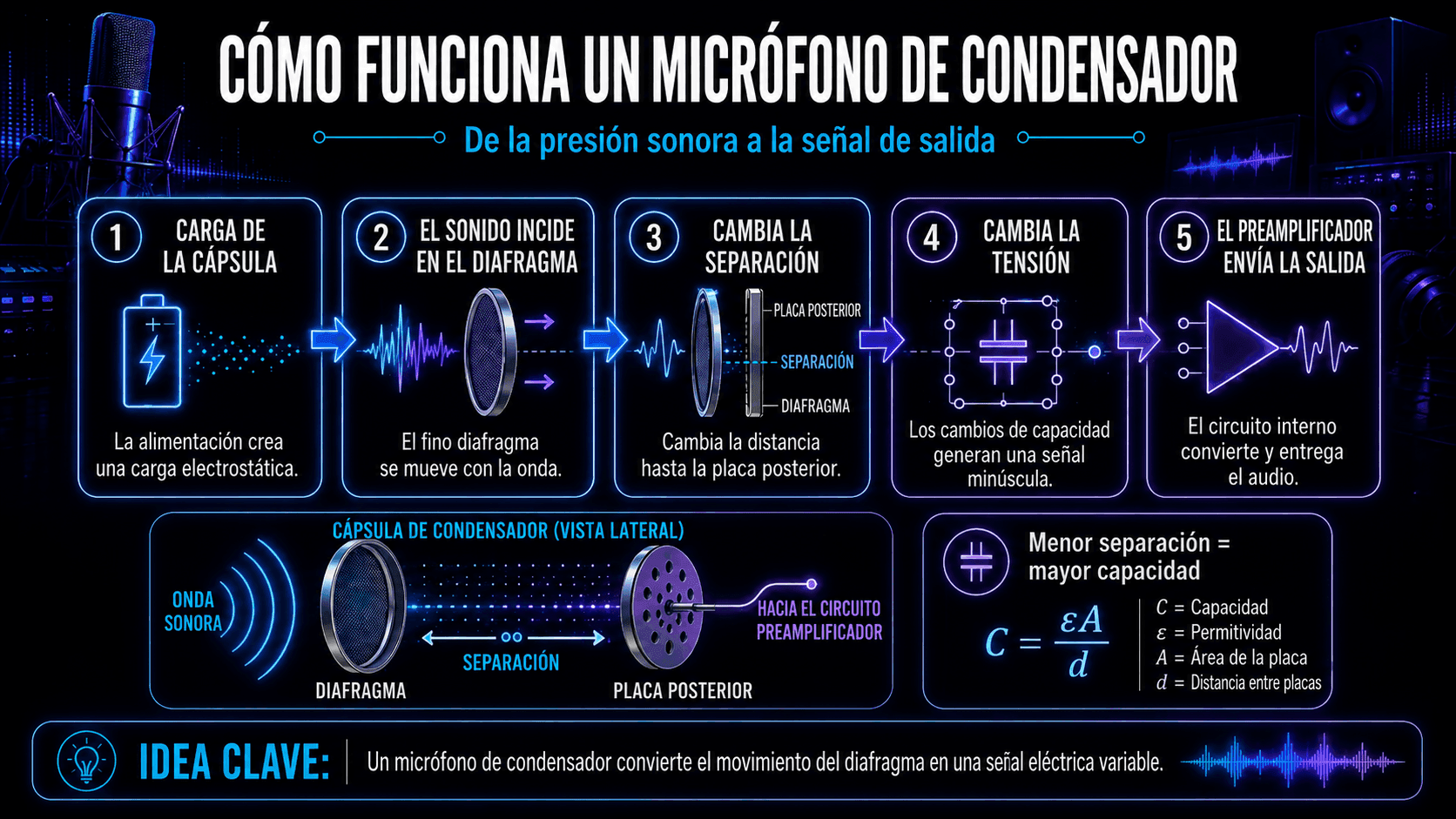 Five-step infographic explaining how capsule charge, diaphragm movement, changing capacitance, and internal electronics produce audio.