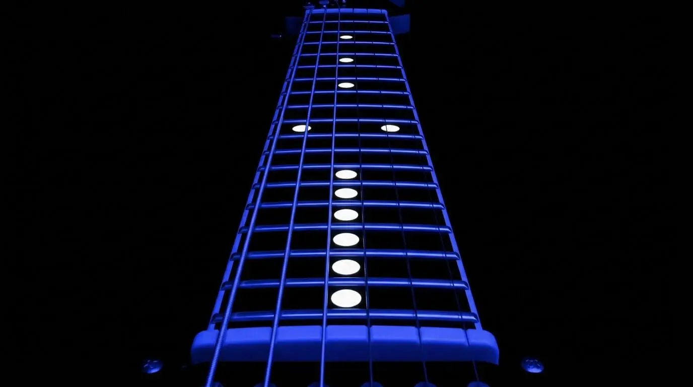 Primer plano de un diapasón de guitarra eléctrica iluminado en azul con marcadores de posición blancos sobre un fondo negro.