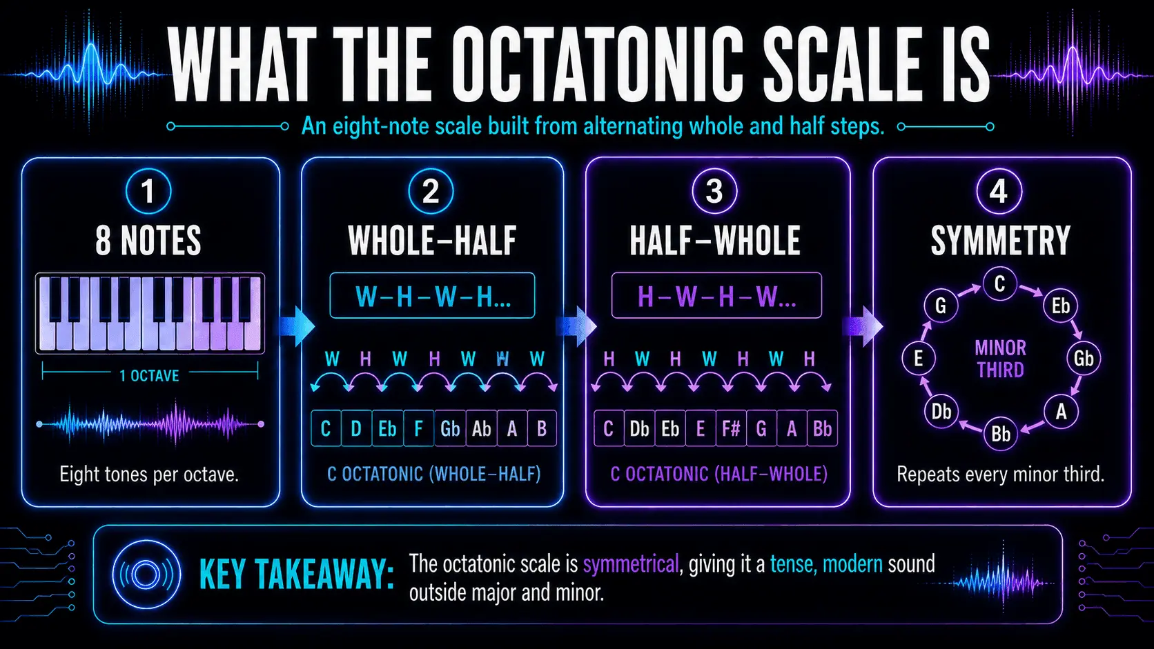 Infographic explaining the eight-note octatonic scale, its whole-half and half-whole forms, and its repeating minor-third symmetry.