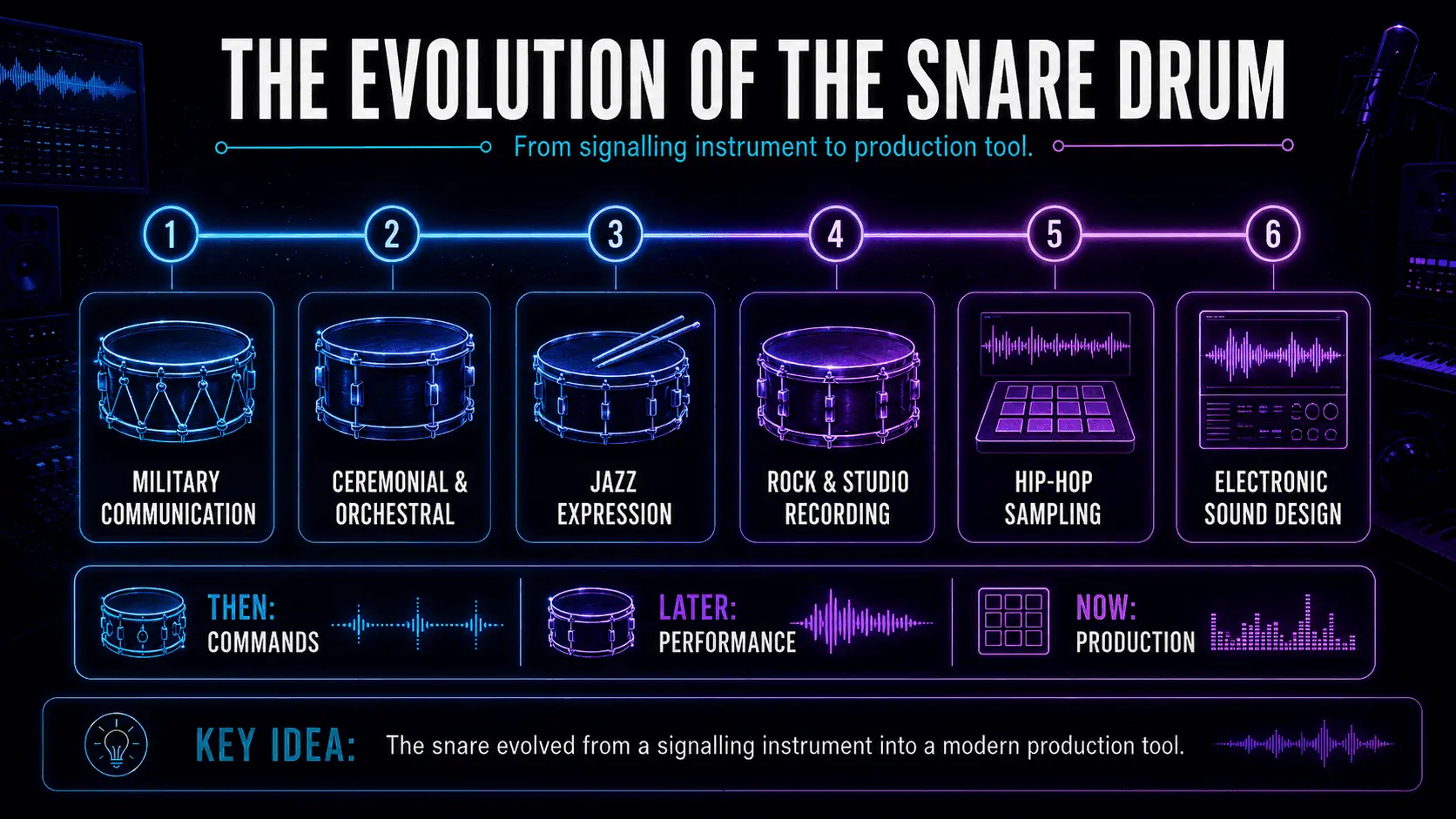 Timeline showing the snare drum’s development through military, orchestral, jazz, rock, hip-hop, and electronic music.