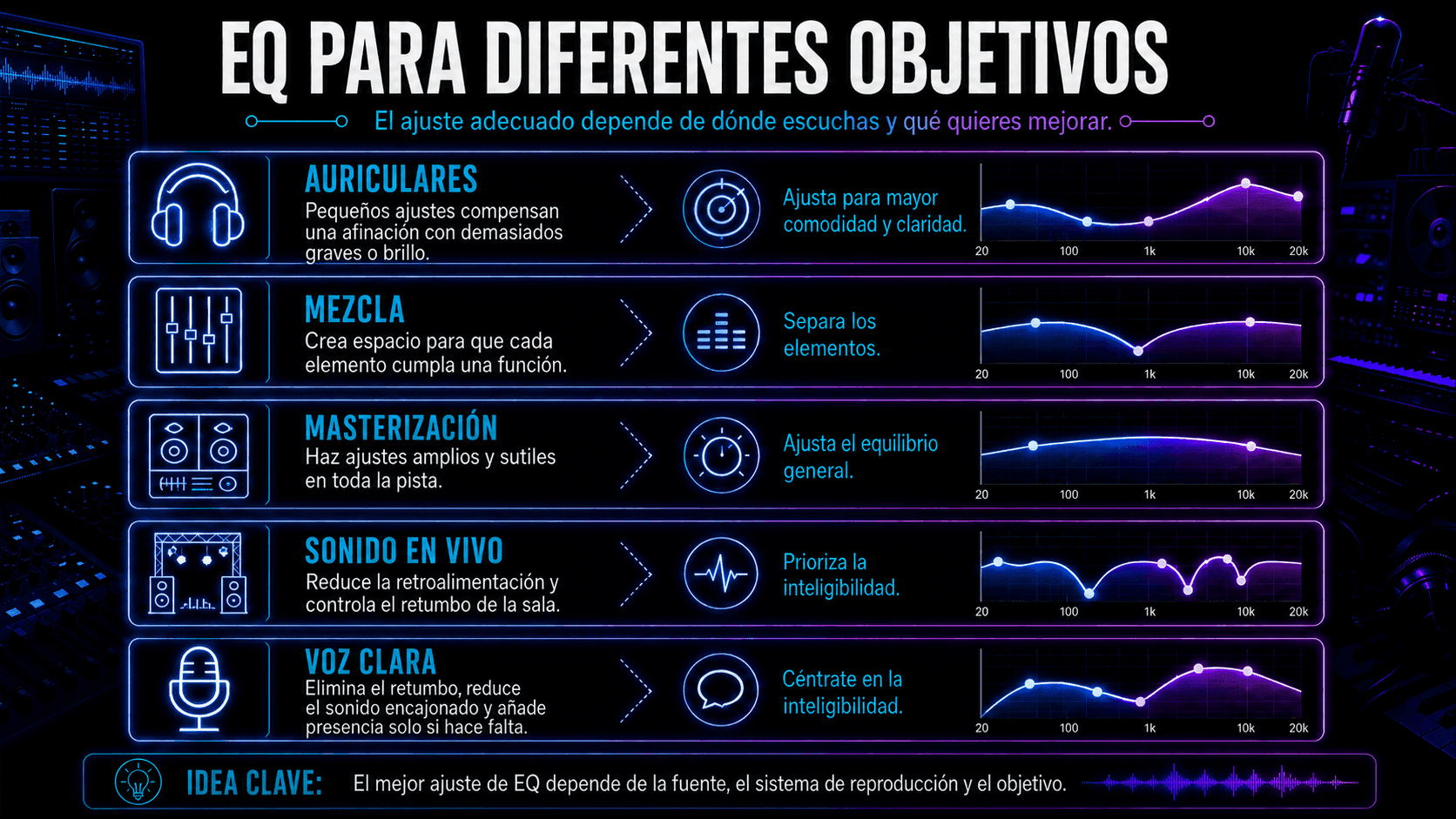 Infografía comparando enfoques de EQ para auriculares, mezcla, masterización, sonido en vivo y grabaciones de voz más claras.