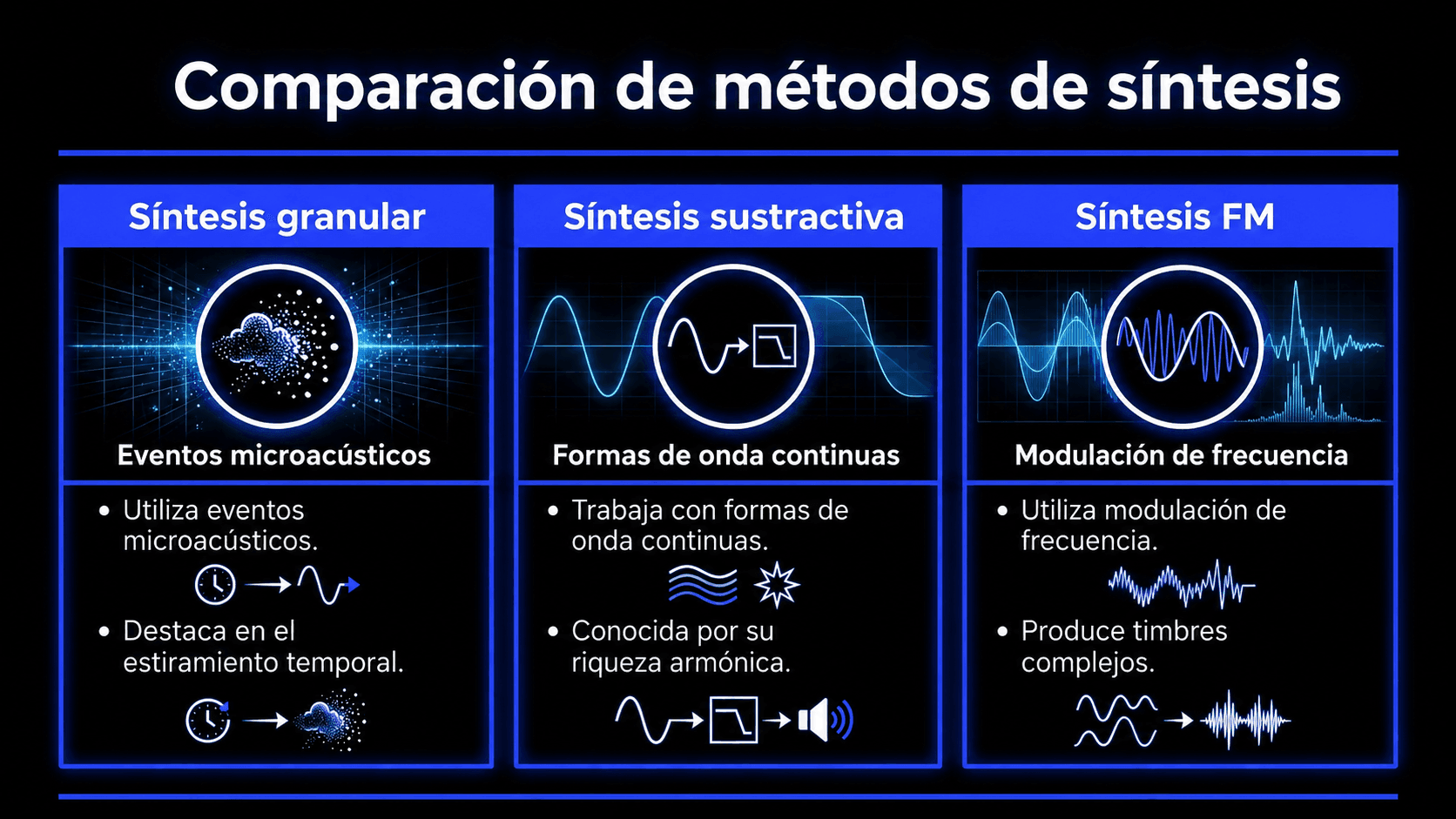 Las síntesis granular, sustractiva y FM usan diferentes fuentes de sonido y métodos de procesamiento para dar forma al timbre.