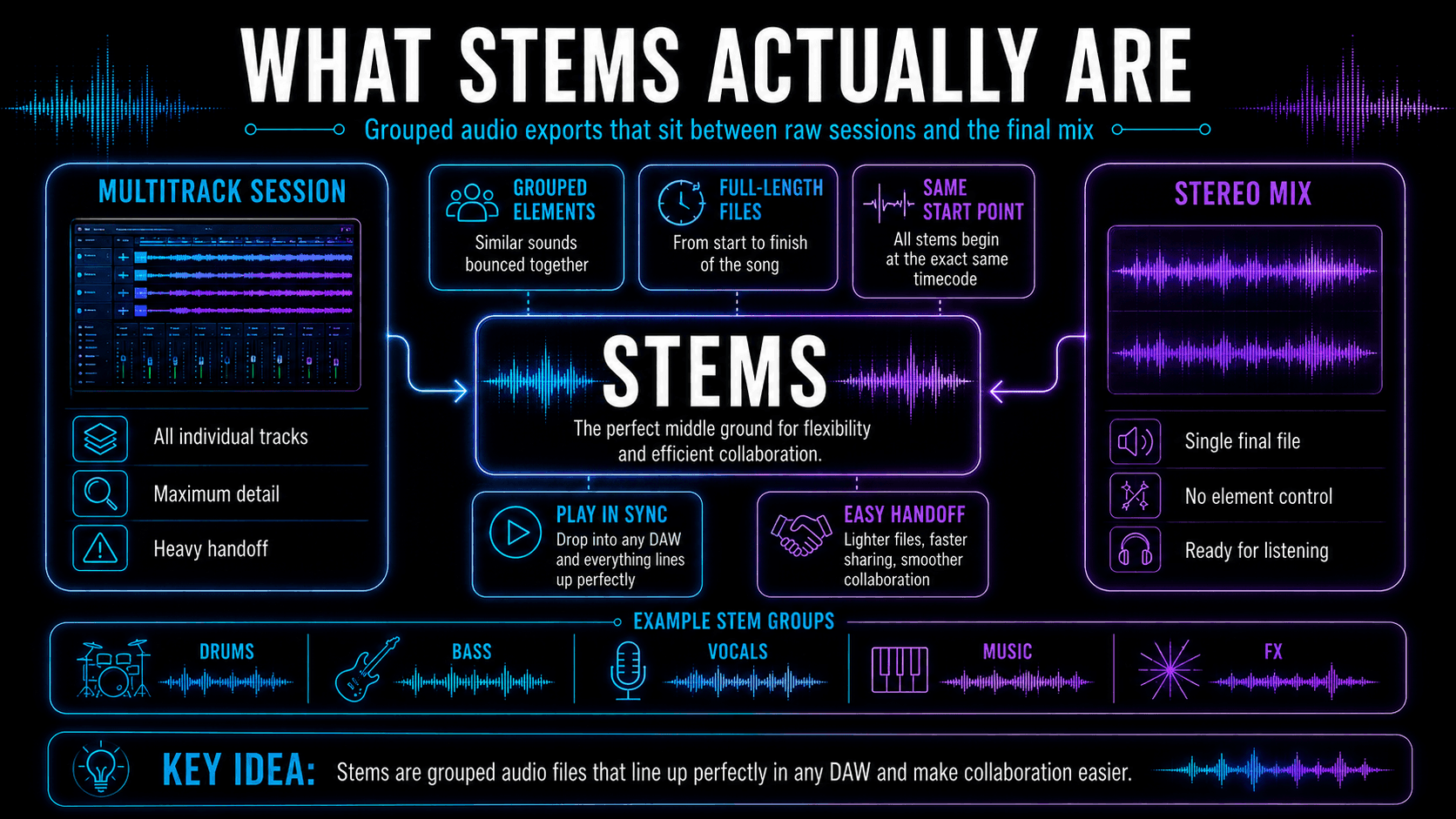 Infographic explaining audio stems, including stems vs tracks, benefits of using stems, export settings, sample rate, bit depth, and common uses.