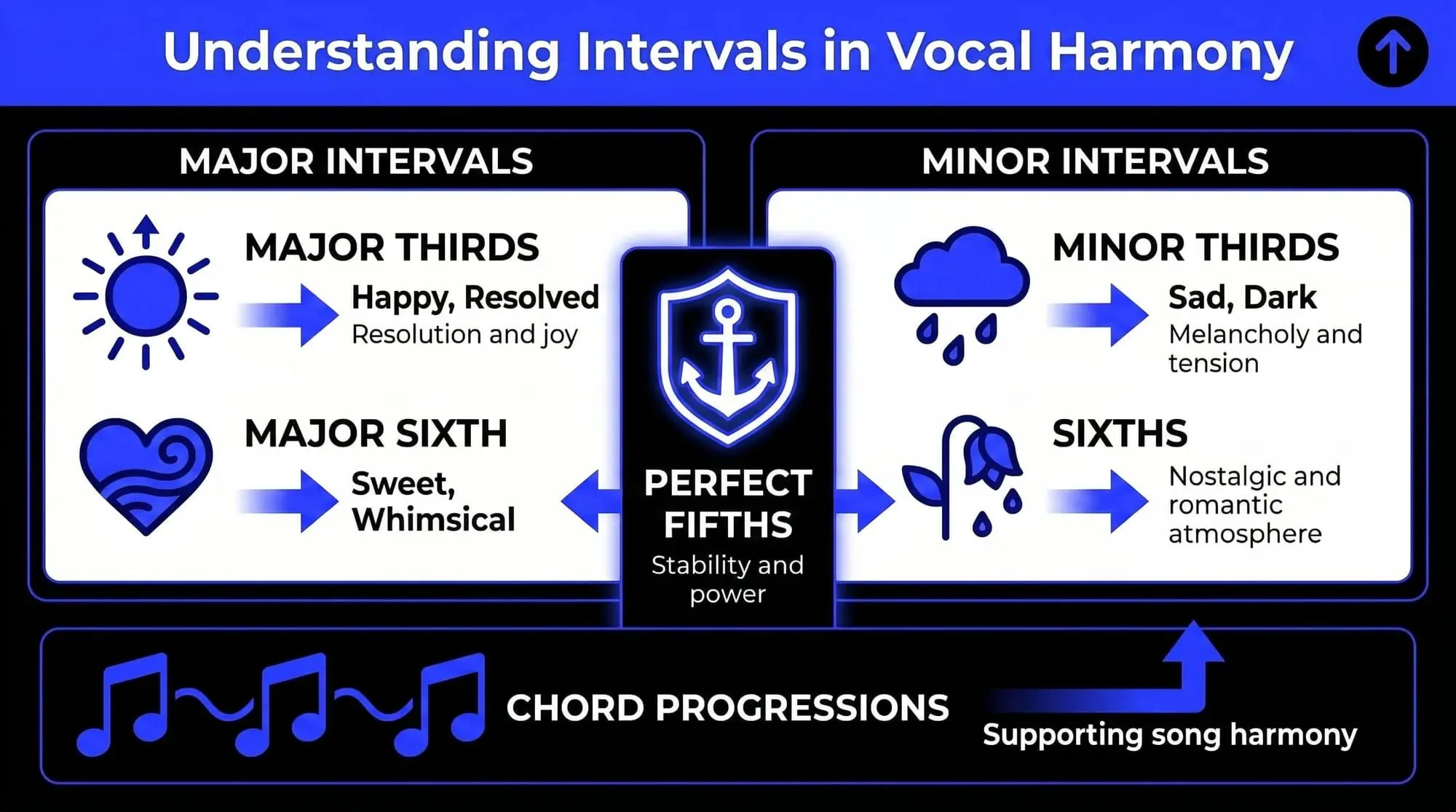 Infographic explaining major thirds, minor thirds, sixths, perfect fifths, and chord progressions in vocal harmony.