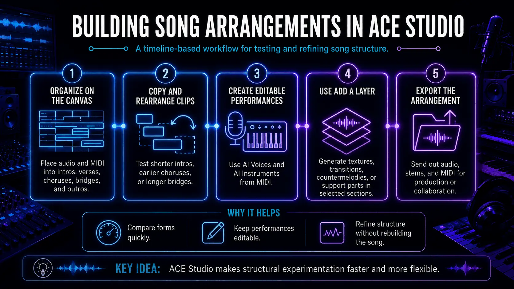 Five-step ACE Studio workflow for organising clips, rearranging sections, creating performances, adding layers, and exporting.