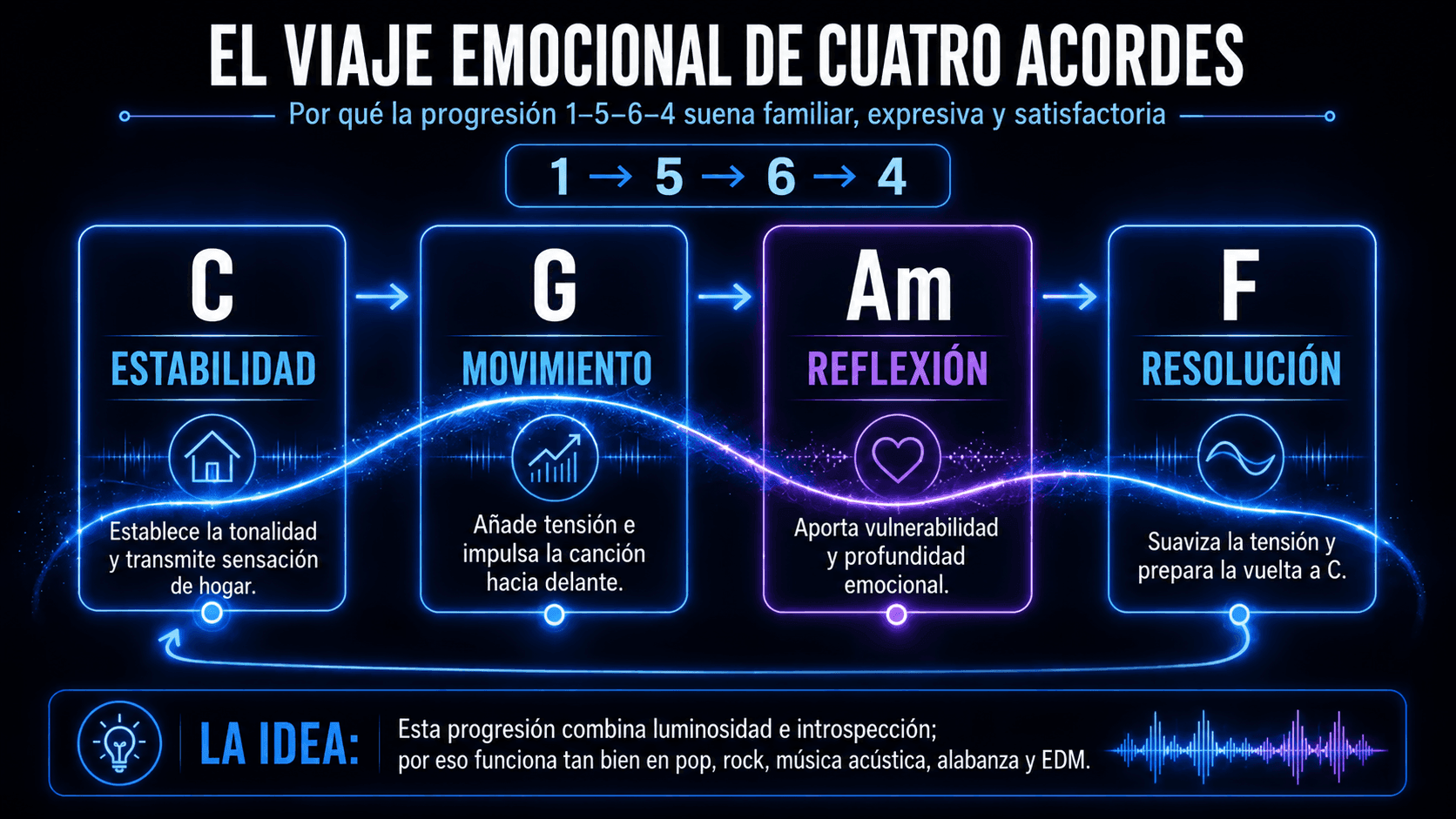 Infografía mostrando el viaje emocional de la progresión de acordes 1–5–6–4 a través de C, G, Am, y F.