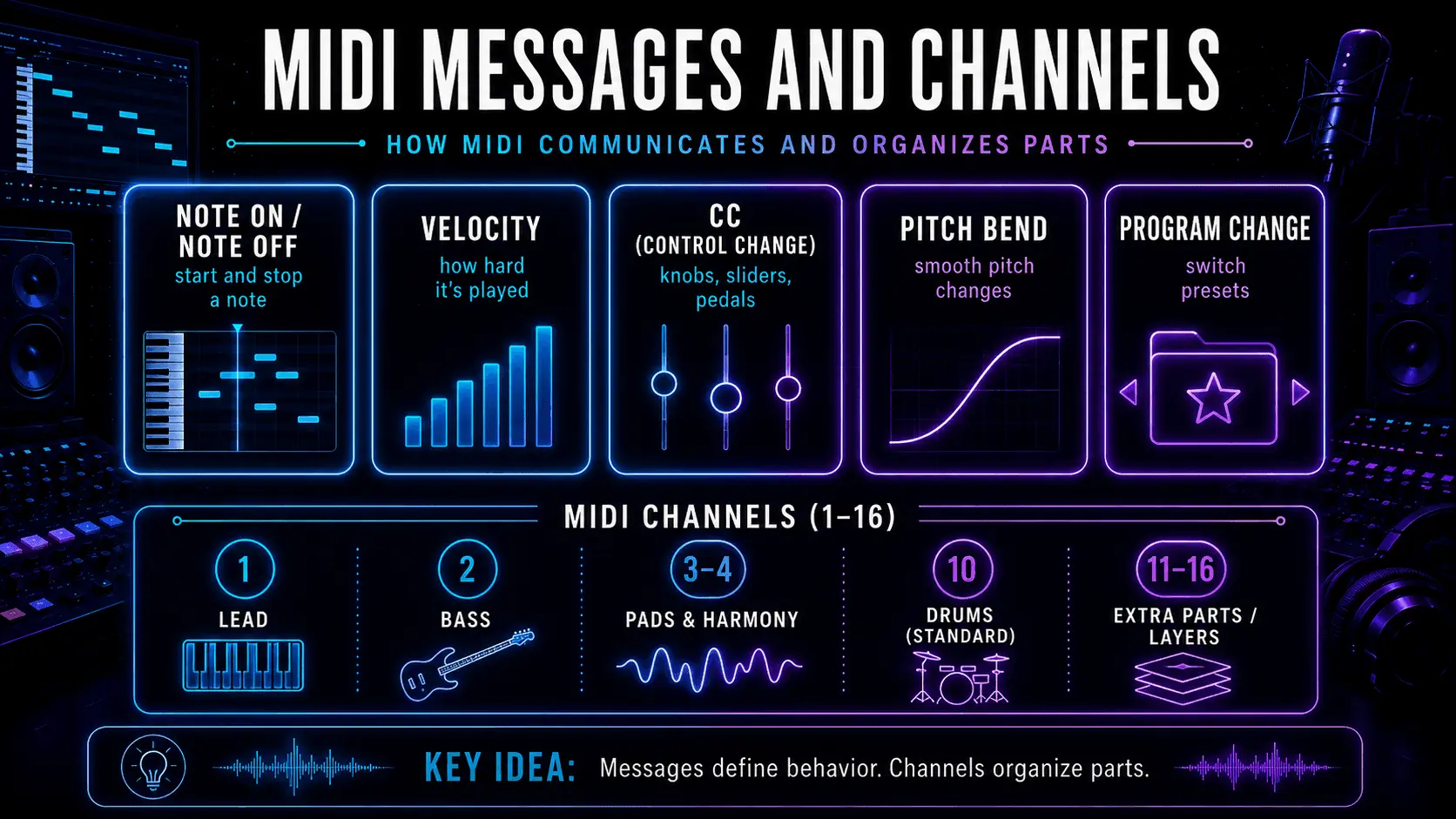 MIDI messages and channels infographic covering Note On and Off, velocity, control changes, pitch bend, program changes, and channels 1 to 16.