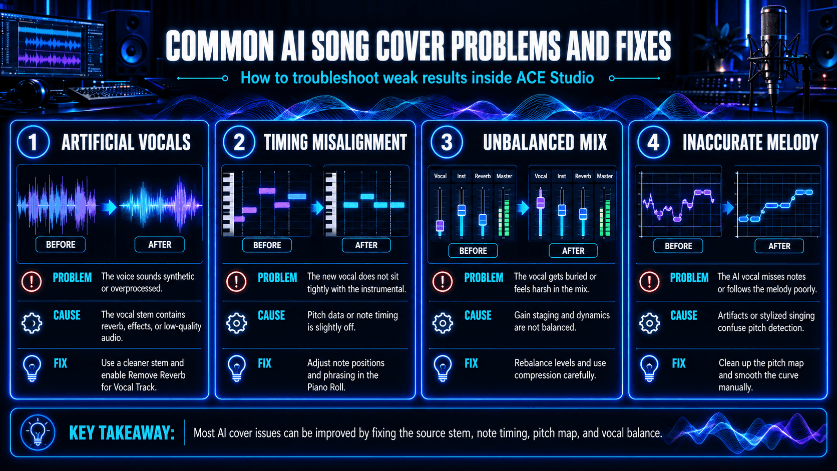 AI song cover troubleshooting infographic showing problems, causes, and fixes for synthetic-sounding vocals, timing misalignment, mix balance, and incorrect pitch detection.
