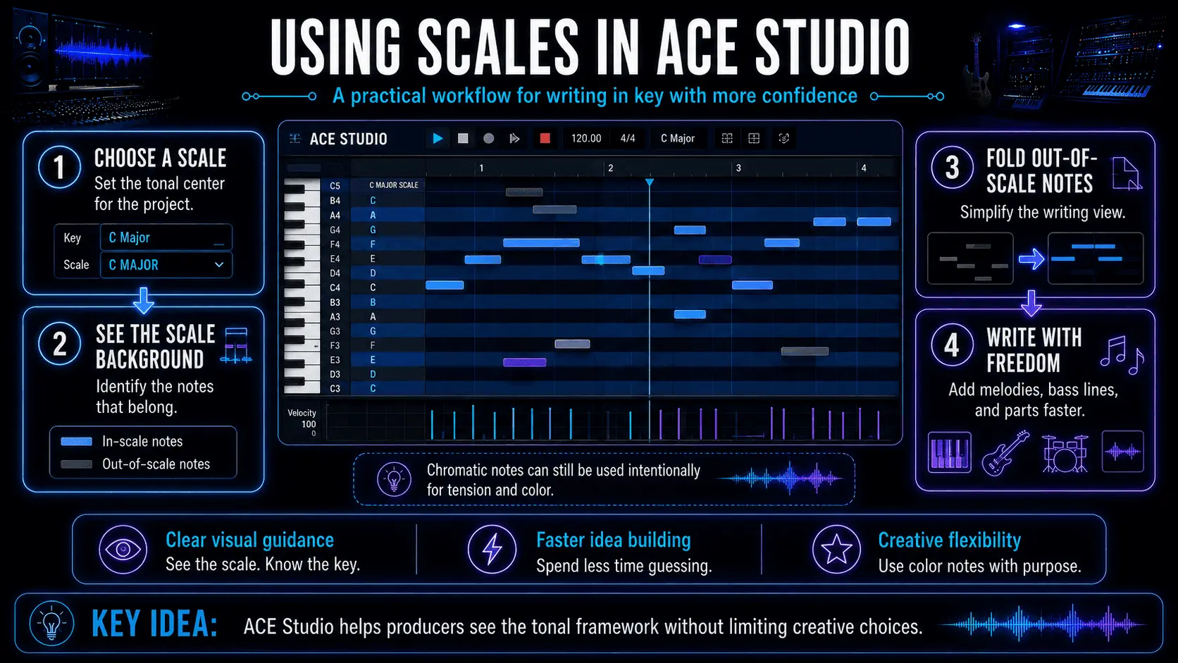ACE Studio piano-roll workflow showing scale selection, highlighted in-scale notes, folded out-of-scale notes, and melody writing.