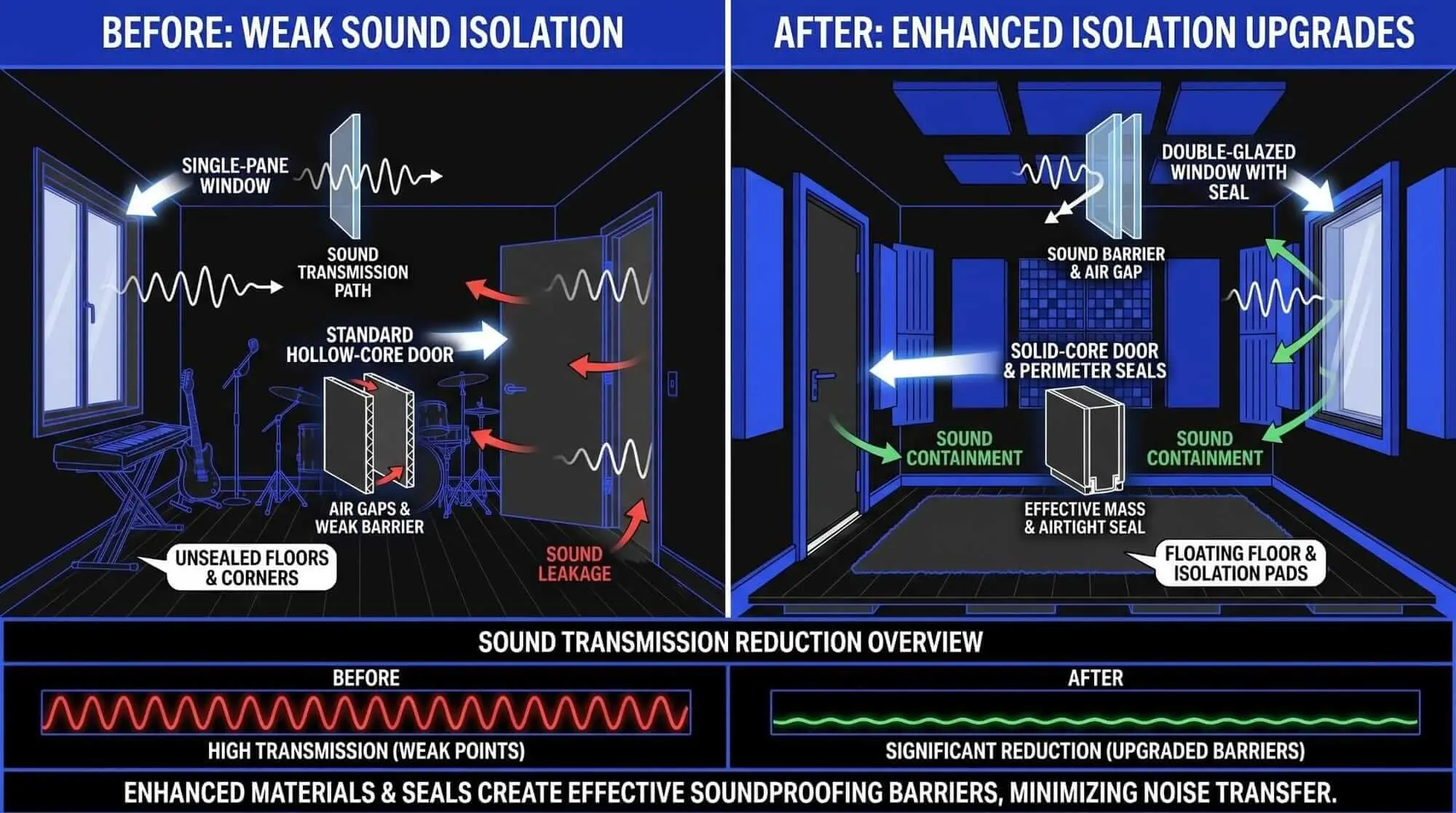 Before and after infographic showing weak sound isolation versus upgraded soundproofing with sealed doors, double-glazed windows, barriers, and floating floors.