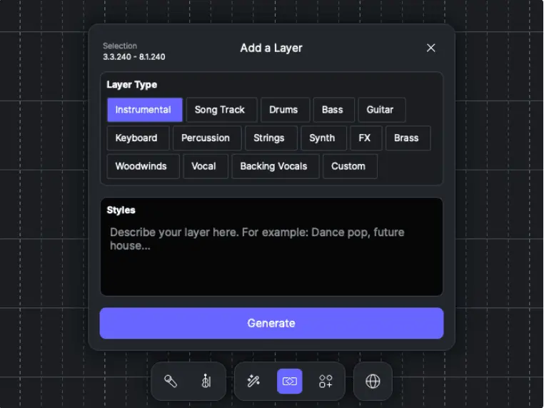 Screenshot of ACE Studio Add a Layer panel with options for instrumental, drums, bass, guitar, strings, synth, brass, vocals, and backing vocals.