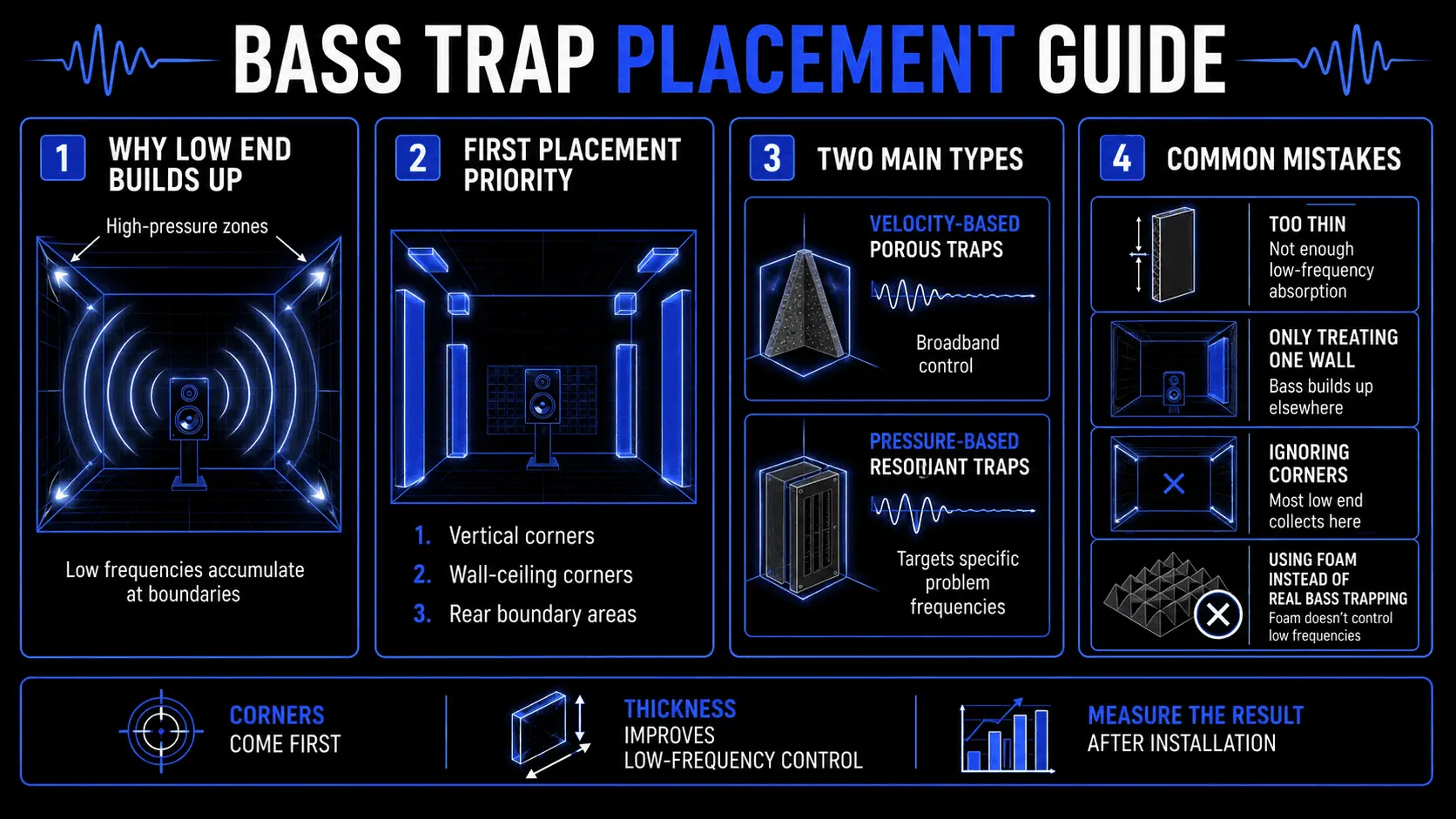 Infographic showing bass trap placement in studio corners, including velocity-based porous traps, pressure-based resonant traps, common mistakes, and low-frequency measurement.