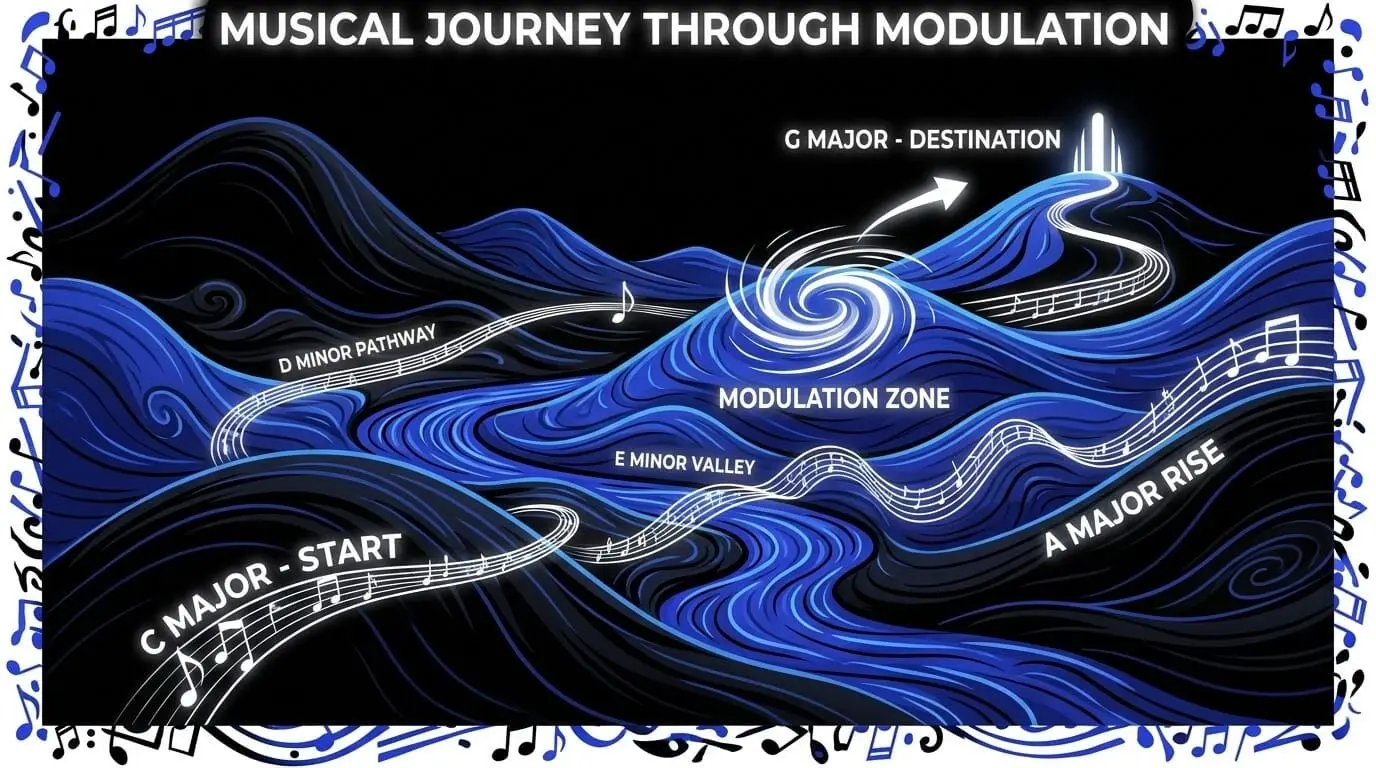 Infographic showing a musical journey through modulation, moving from C major through minor pathways and a modulation zone toward new key destinations.