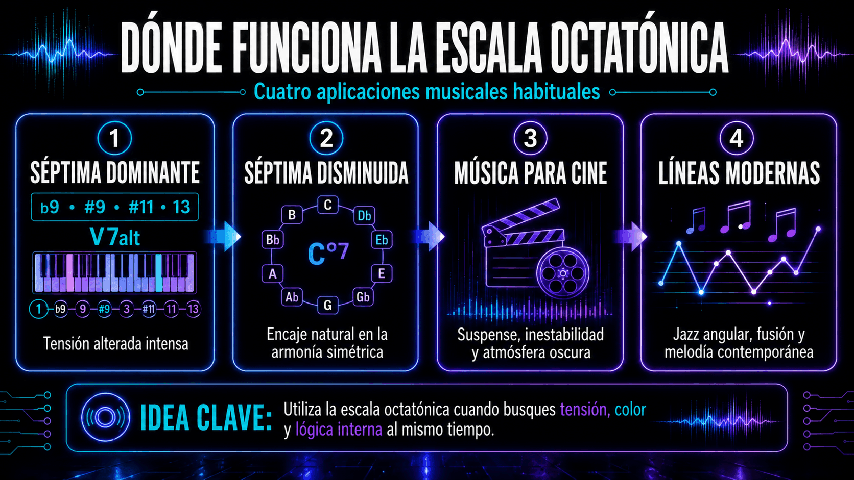 Infografía mostrando cuatro aplicaciones de la escala octatónica: acordes de séptima dominante alterados, armonía disminuida, bandas sonoras de películas y líneas melódicas modernas.
