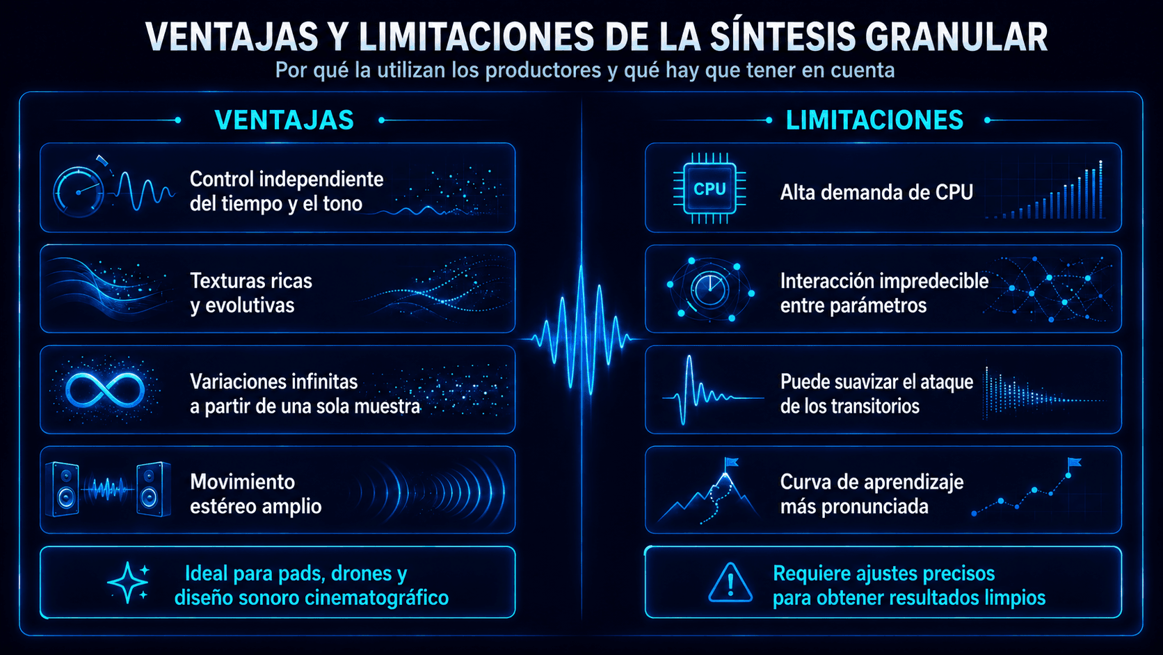 Infográfico comparando las ventajas y limitaciones de la síntesis granular, incluyendo flexibilidad creativa, demanda de CPU, impredecibilidad y transitorios suavizados.