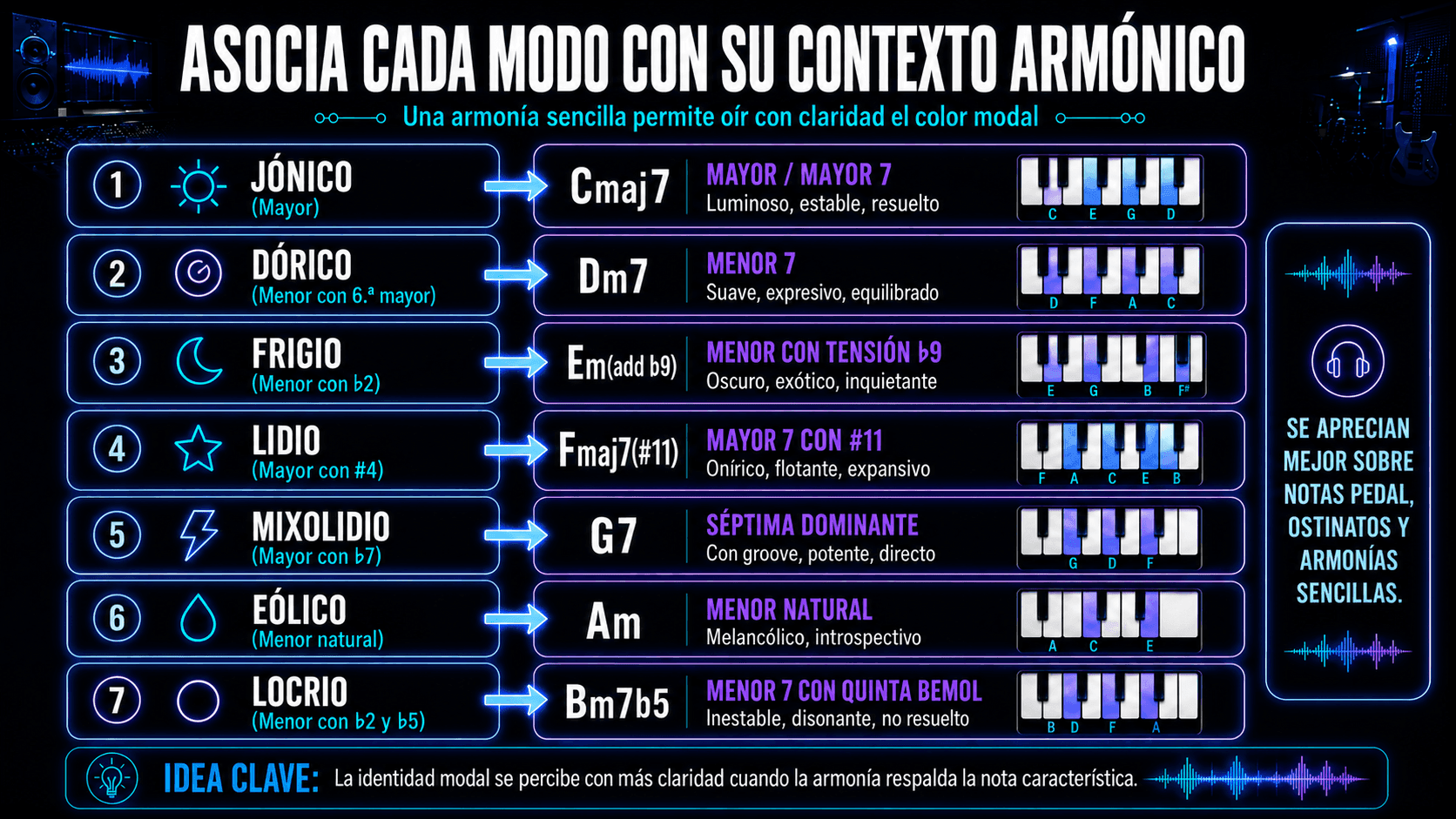 Siete modos musicales emparejados con acordes adecuados, incluyendo séptimas mayores, séptimas menores, séptimas dominantes y armonía semidisminuida.