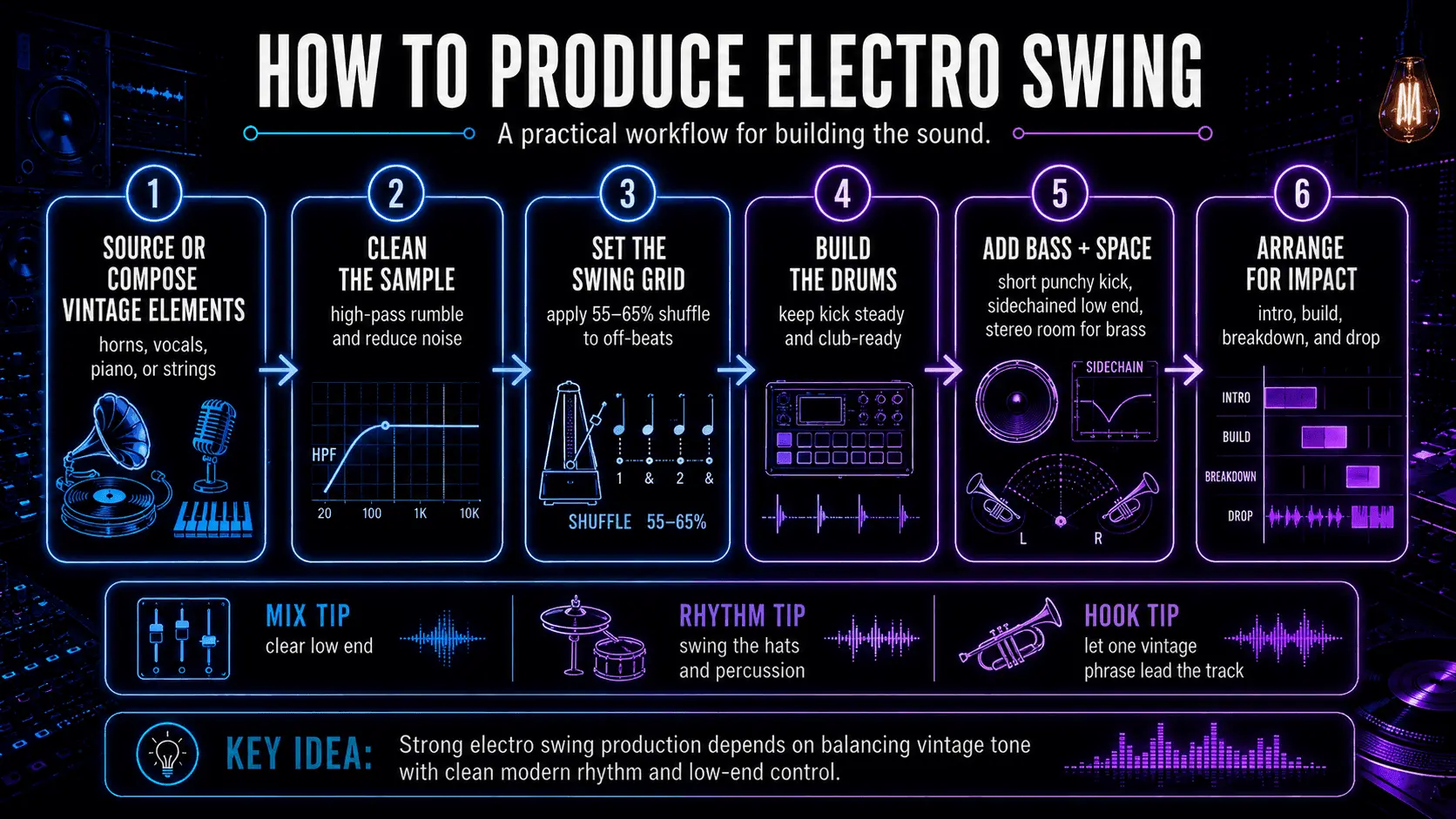 Electro swing production process covering vintage elements, sample cleaning, swing quantization, drums, bass, stereo space, and arrangement.
