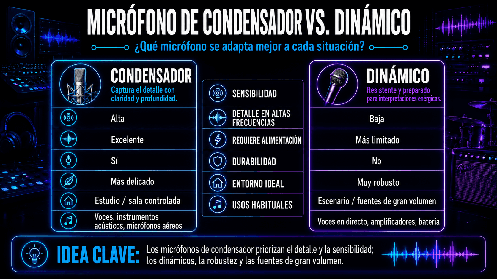 Comparación lado a lado de micrófonos de condensador y dinámicos cubriendo sensibilidad, detalle de alta frecuencia, potencia, durabilidad, entorno de grabación y usos comunes.