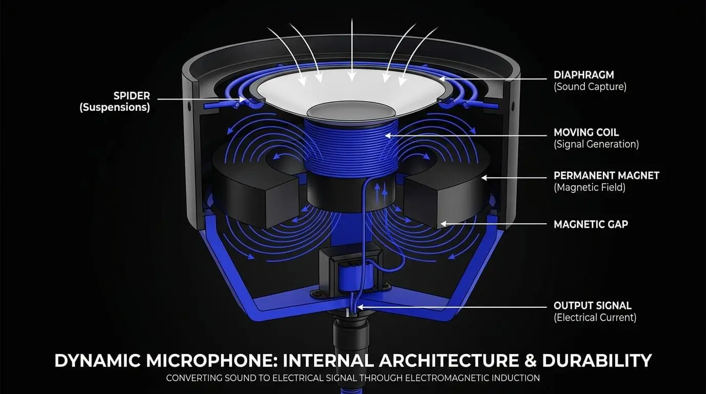 Cutaway diagram of a dynamic microphone showing the diaphragm, moving coil, permanent magnet, magnetic gap, and output signal path