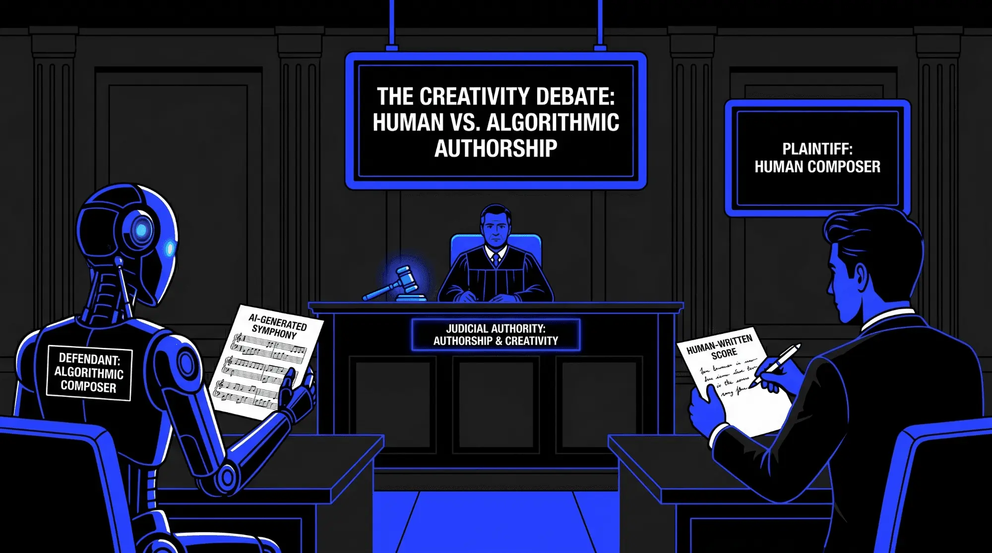 Illustration of a courtroom scene showing a human composer and an algorithmic composer debating authorship, creativity, and copyright in AI-generated music.