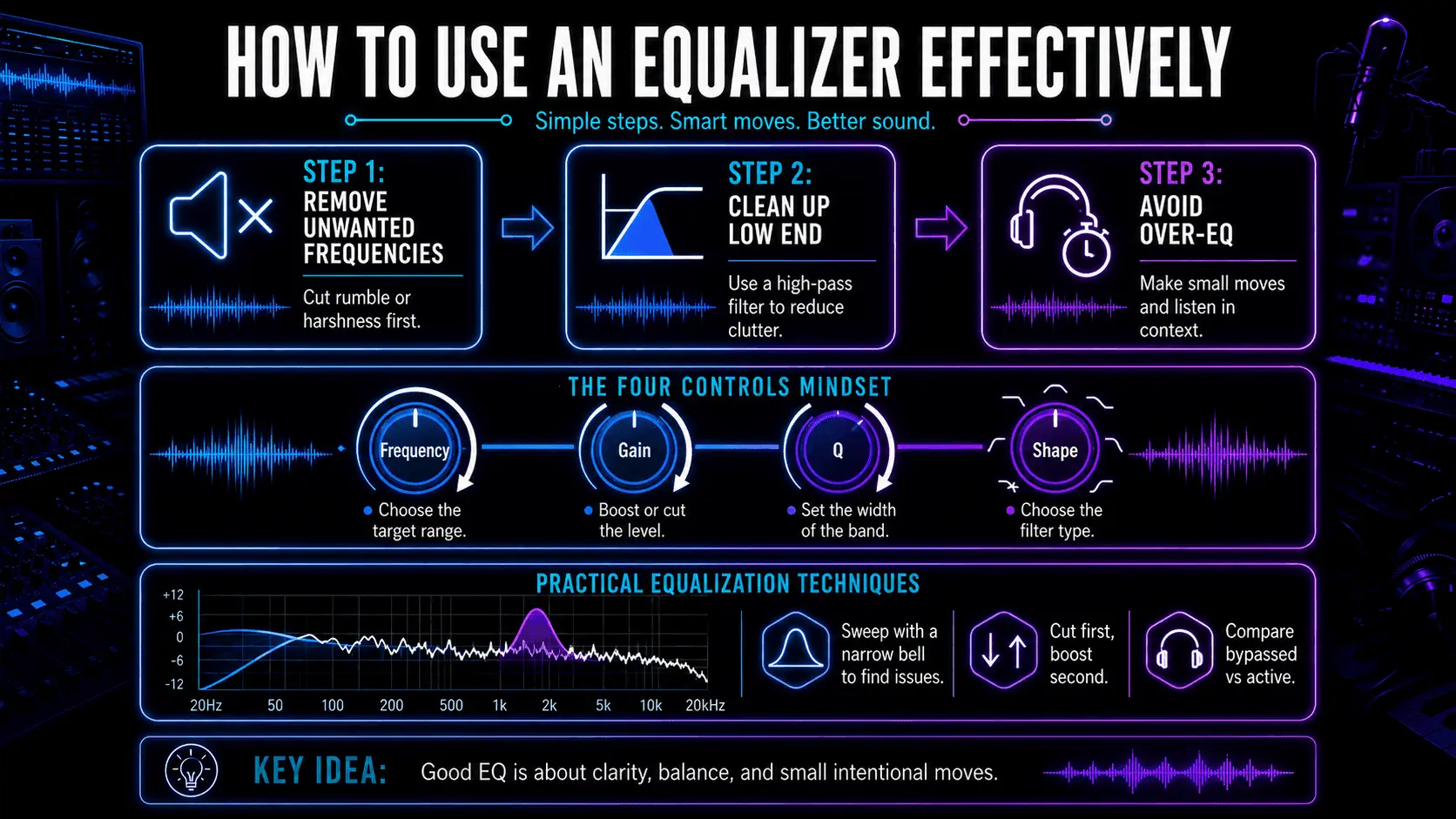 Infographic explaining how to use an equalizer effectively, including unwanted frequency removal, low-end cleanup, EQ controls, and practical filtering techniques.