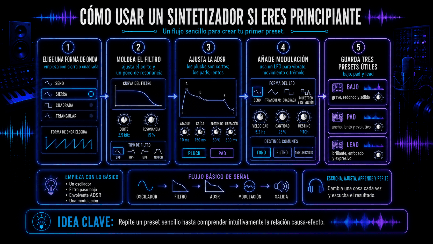 Flujo de trabajo de sintetizador para principiantes que cubre selección de forma de onda, moldeado de filtro, configuraciones ADSR, modulación LFO y creación de presets.