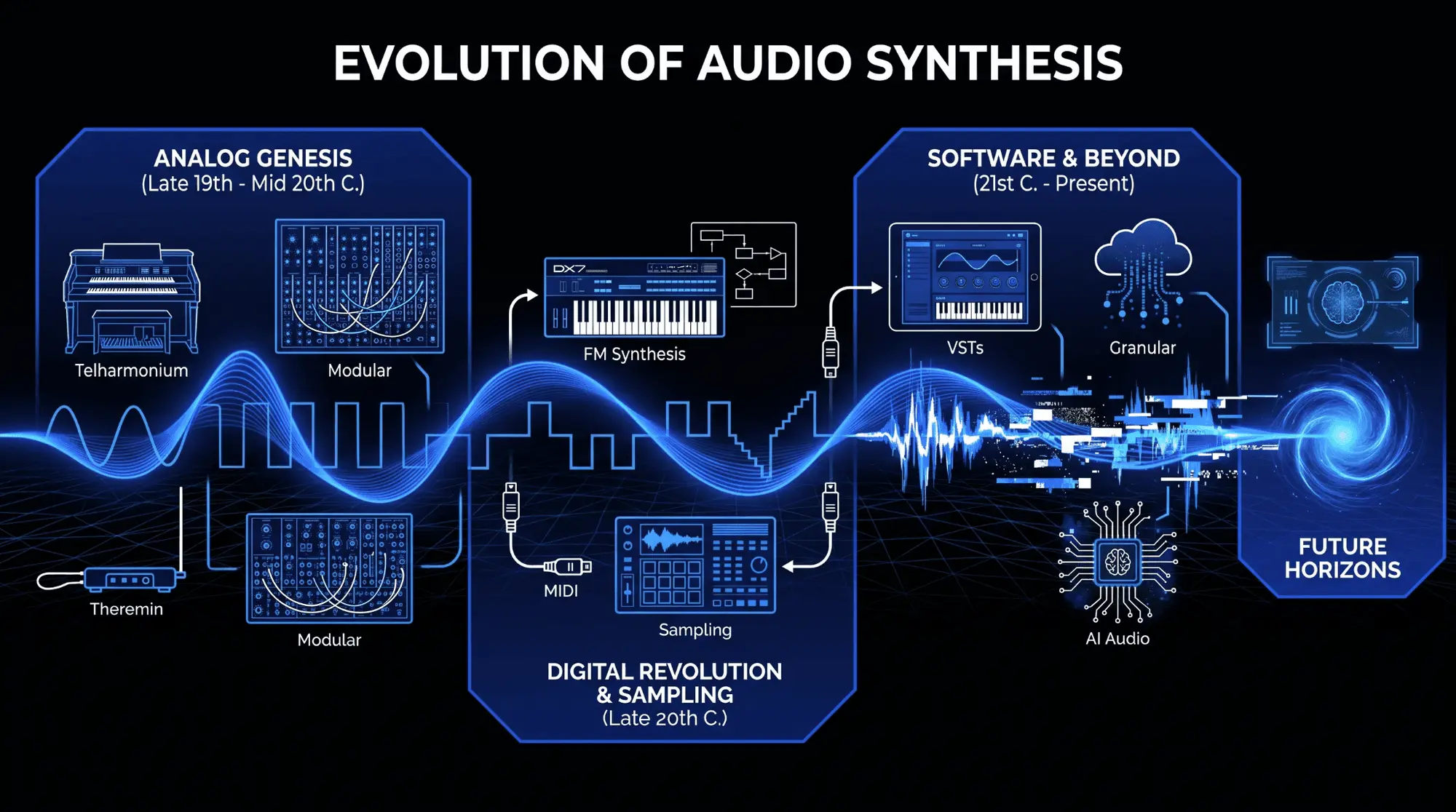 Timeline of audio synthesis covering analog instruments, modular synthesis, FM, sampling, software plugins, granular synthesis, and AI audio.