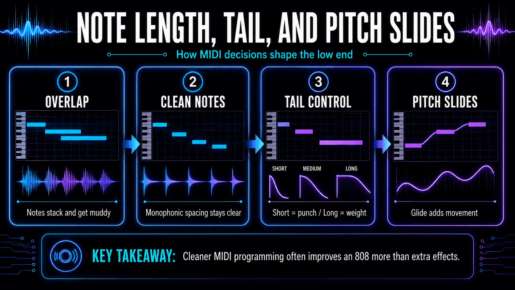 Infographic comparing overlapping notes, clean monophonic spacing, short and long 808 tails, and expressive pitch slides.
