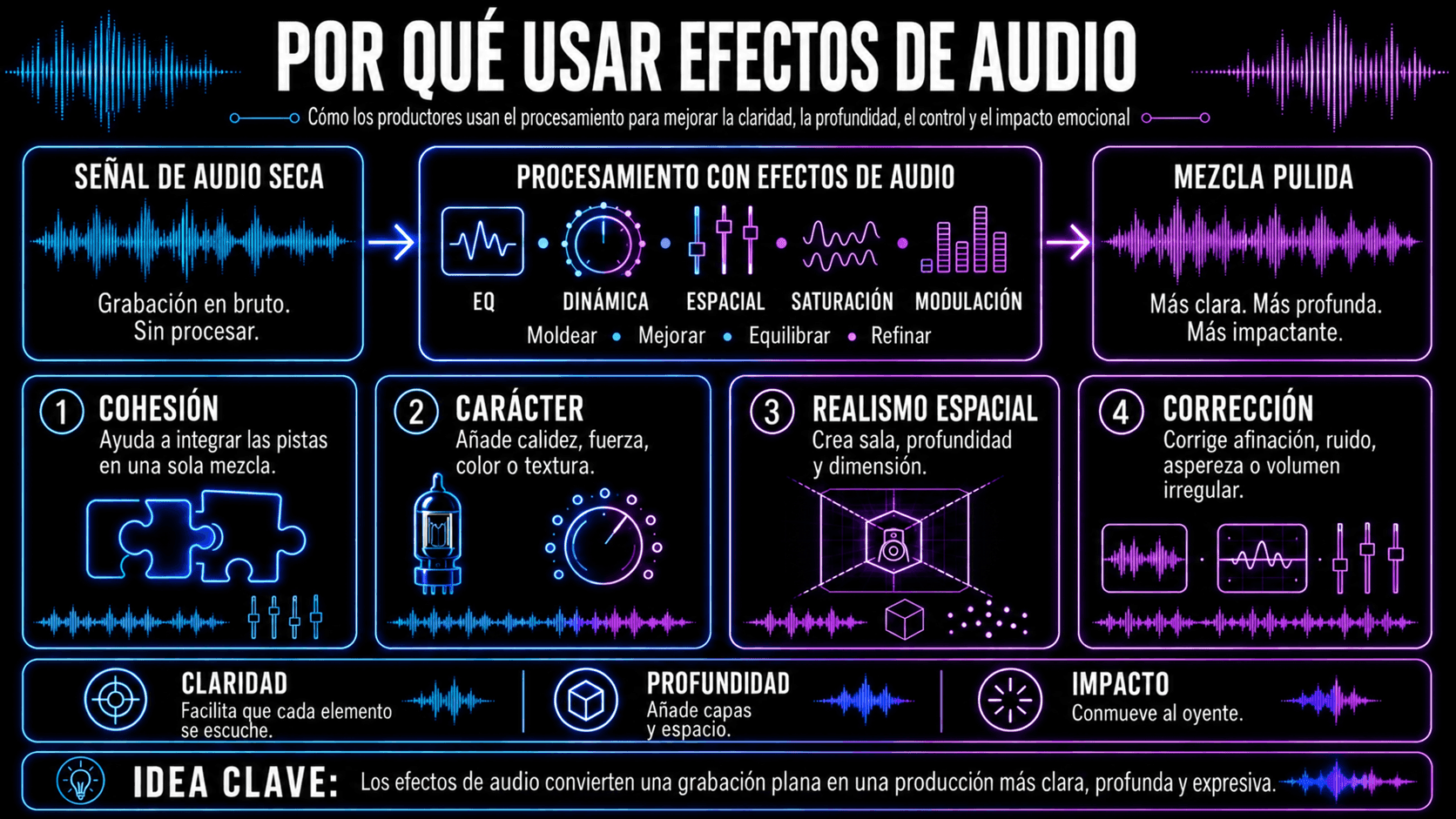Flujo de trabajo de efectos de audio mostrando una señal seca procesada con EQ, dinámicas, efectos espaciales, saturación y modulación.