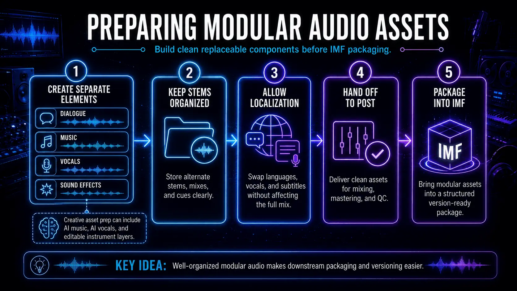 Workflow for preparing separate dialogue, music, vocal, and sound-effect assets before IMF packaging