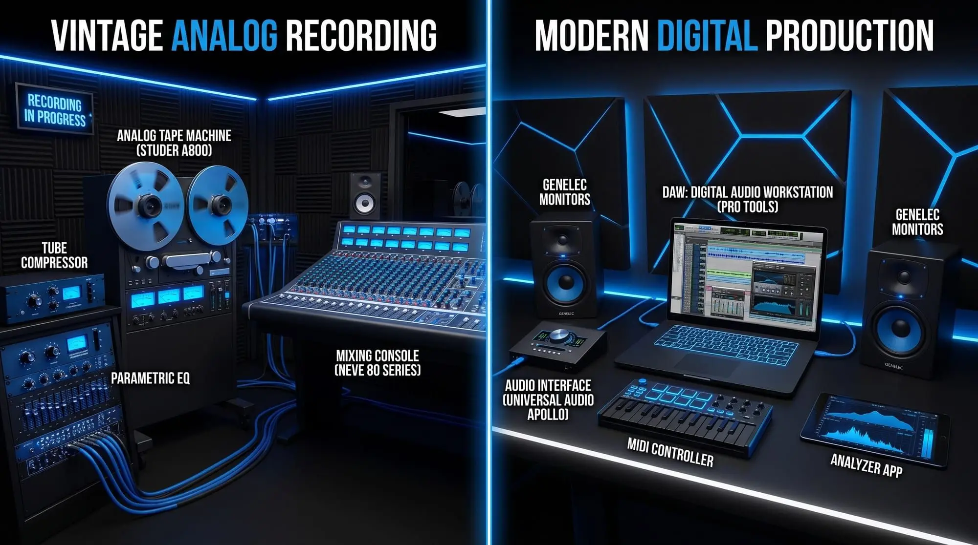 Side-by-side comparison of analog studio gear and modern digital music production equipment.