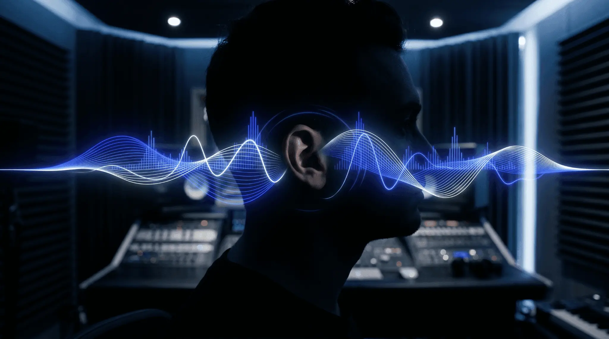 Person in a recording studio with glowing audio waves around the ear, representing how vocal sibilance and harsh high frequencies are perceived during mixing