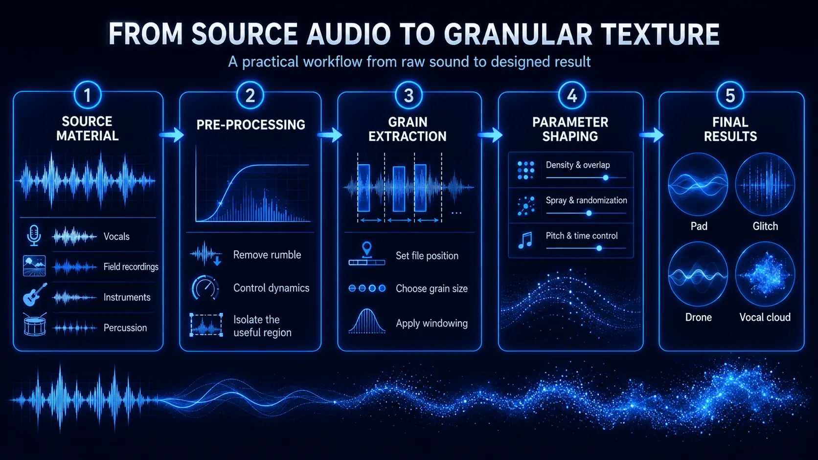 Granular synthesis workflow showing source selection, pre-processing, grain extraction, parameter shaping, and final sound textures.