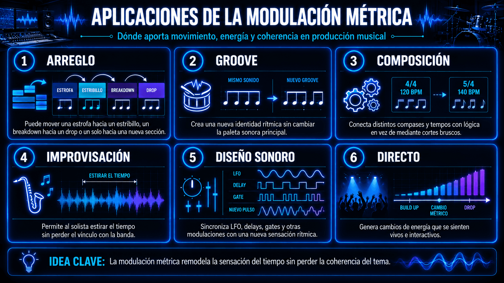 Infografía que muestra aplicaciones de la modulación métrica en la producción musical, incluyendo transiciones de arreglo, cambios de groove, composición, improvisación, diseño de sonido y actuación en vivo.
