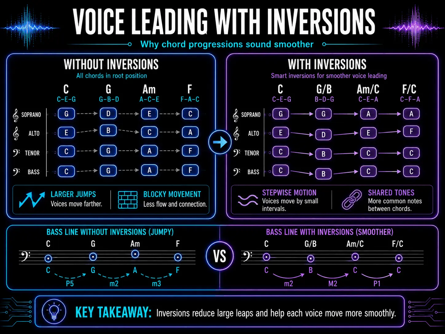 Voice-leading comparison showing a progression with root-position chords versus inversions that use smaller movements and shared tones.