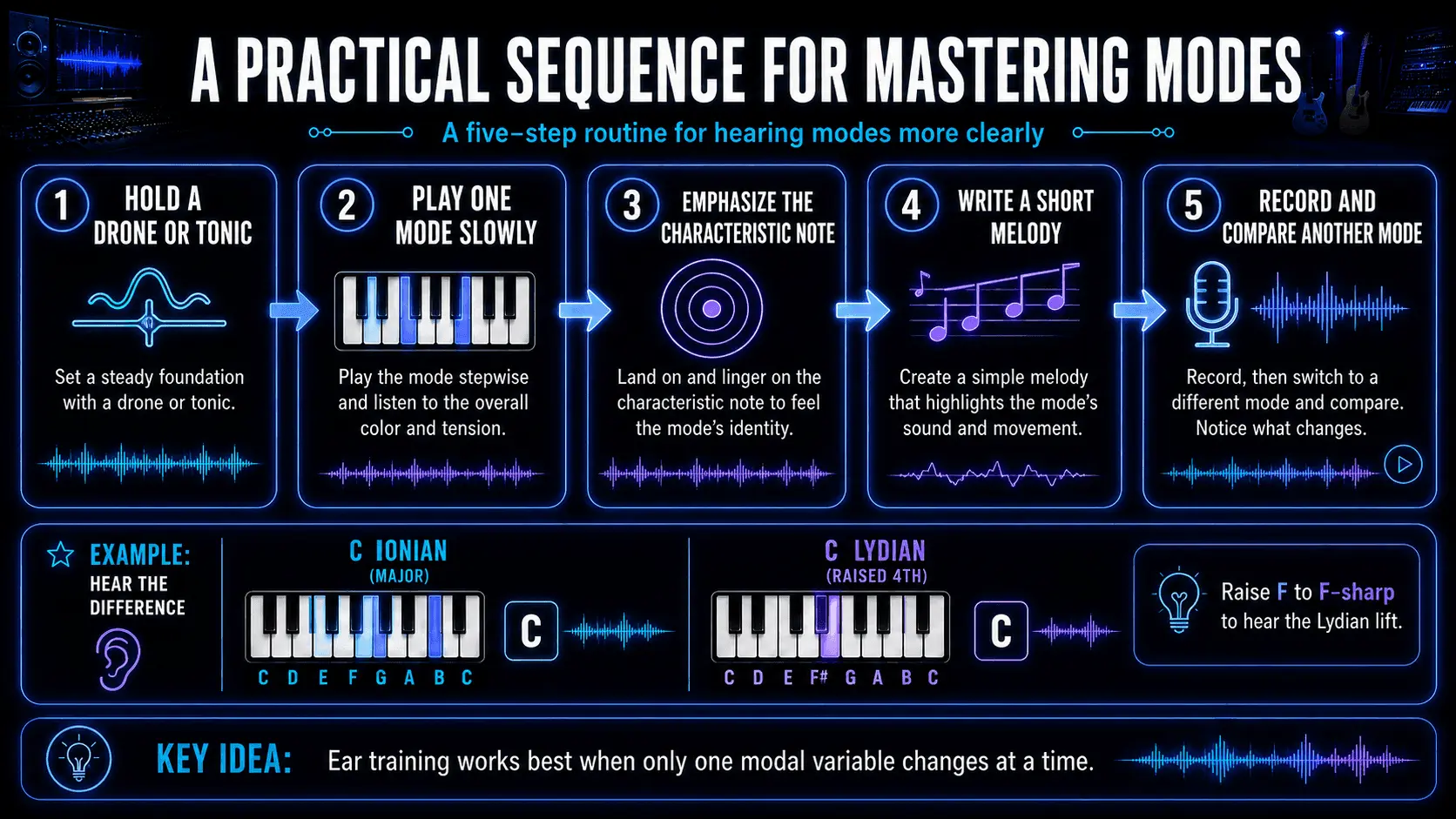 Five-step modal practice sequence using a drone, slow scale playing, characteristic notes, melody writing, recording, and comparison.