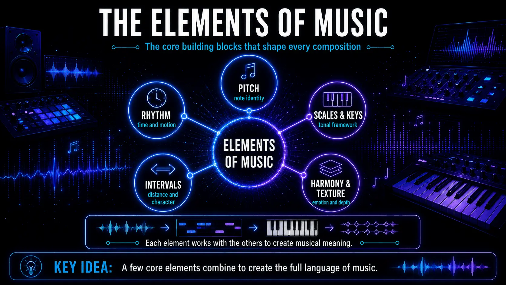 Infographic showing rhythm, pitch, scales and keys, intervals, harmony, and texture as connected elements of music.
