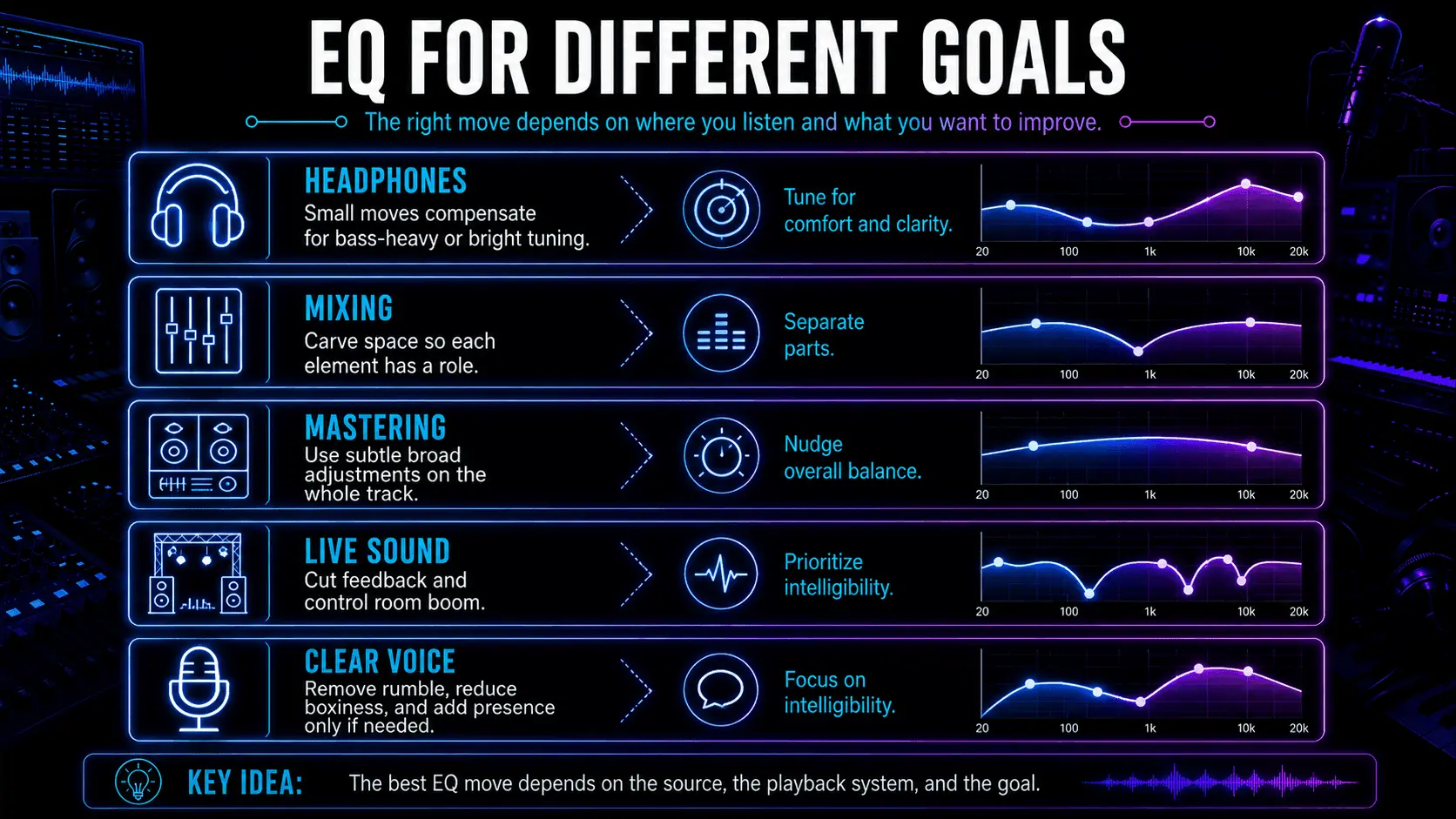 Infographic comparing EQ approaches for headphones, mixing, mastering, live sound, and clearer voice recordings.
